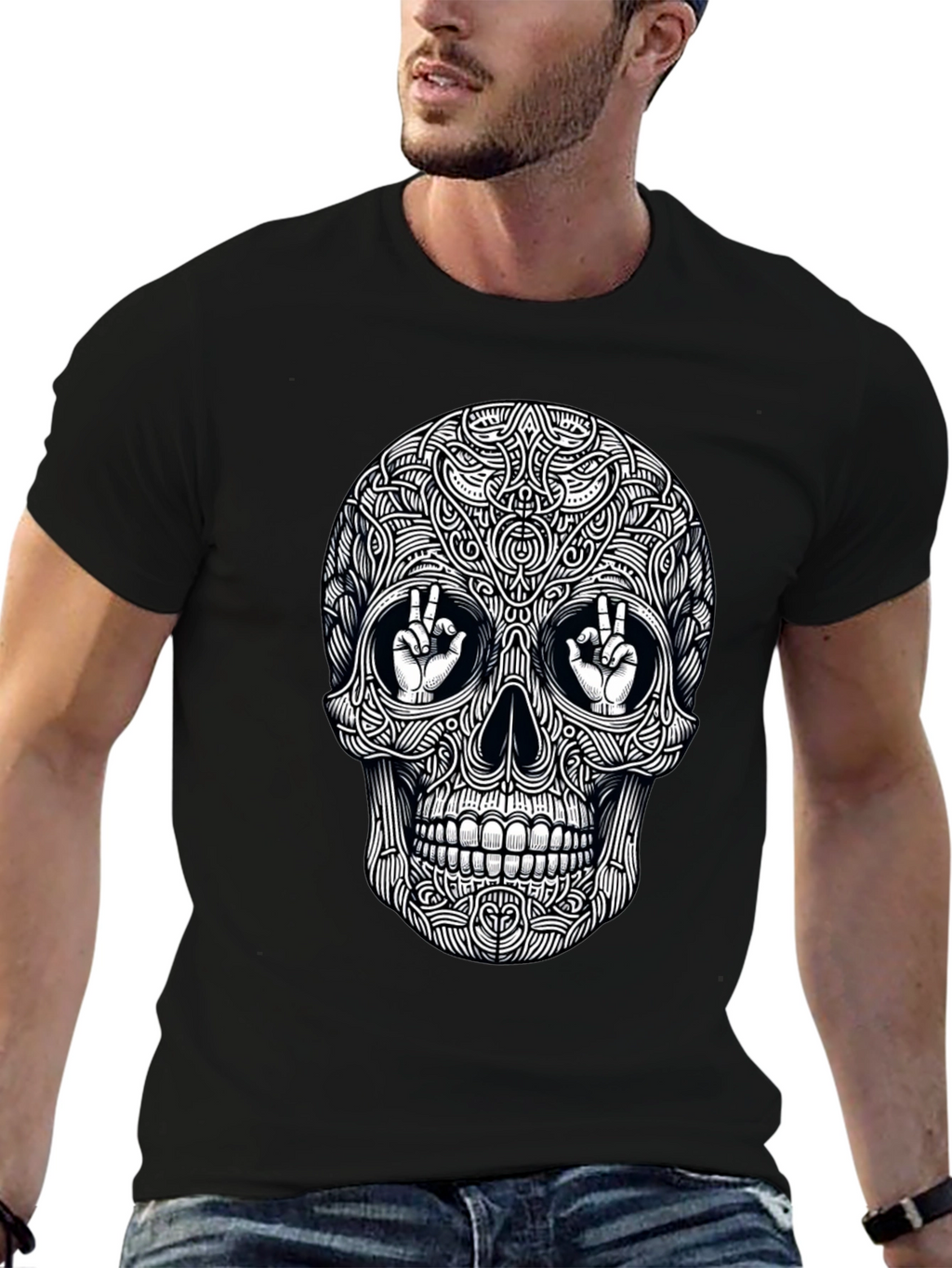 Skull Peace Sign Graphic Tee - Mens Black T-Shirt