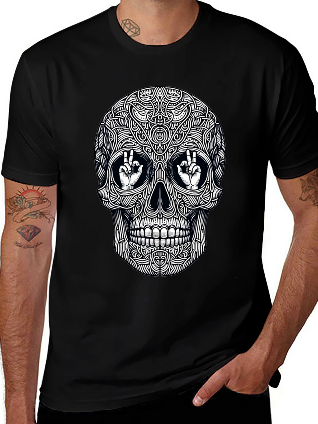 Skull Peace Sign Graphic Tee - Mens Black T-Shirt