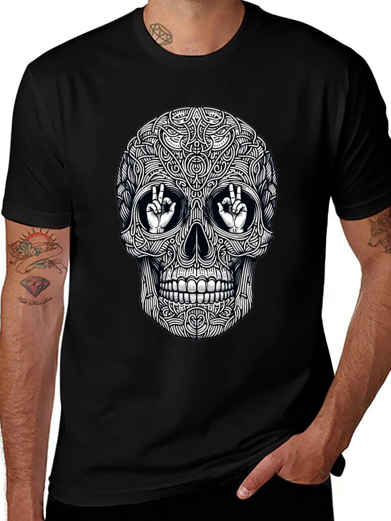 Skull Peace Sign Graphic Tee - Mens Black T-Shirt