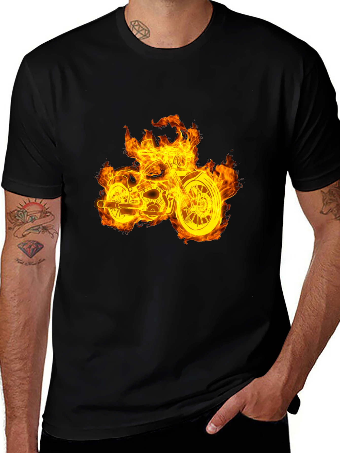 Flaming Motorcycle Graphic Tee - Black