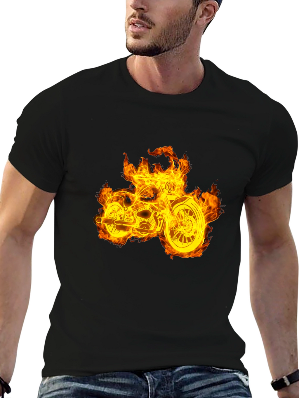 Flaming Motorcycle Graphic Tee - Black