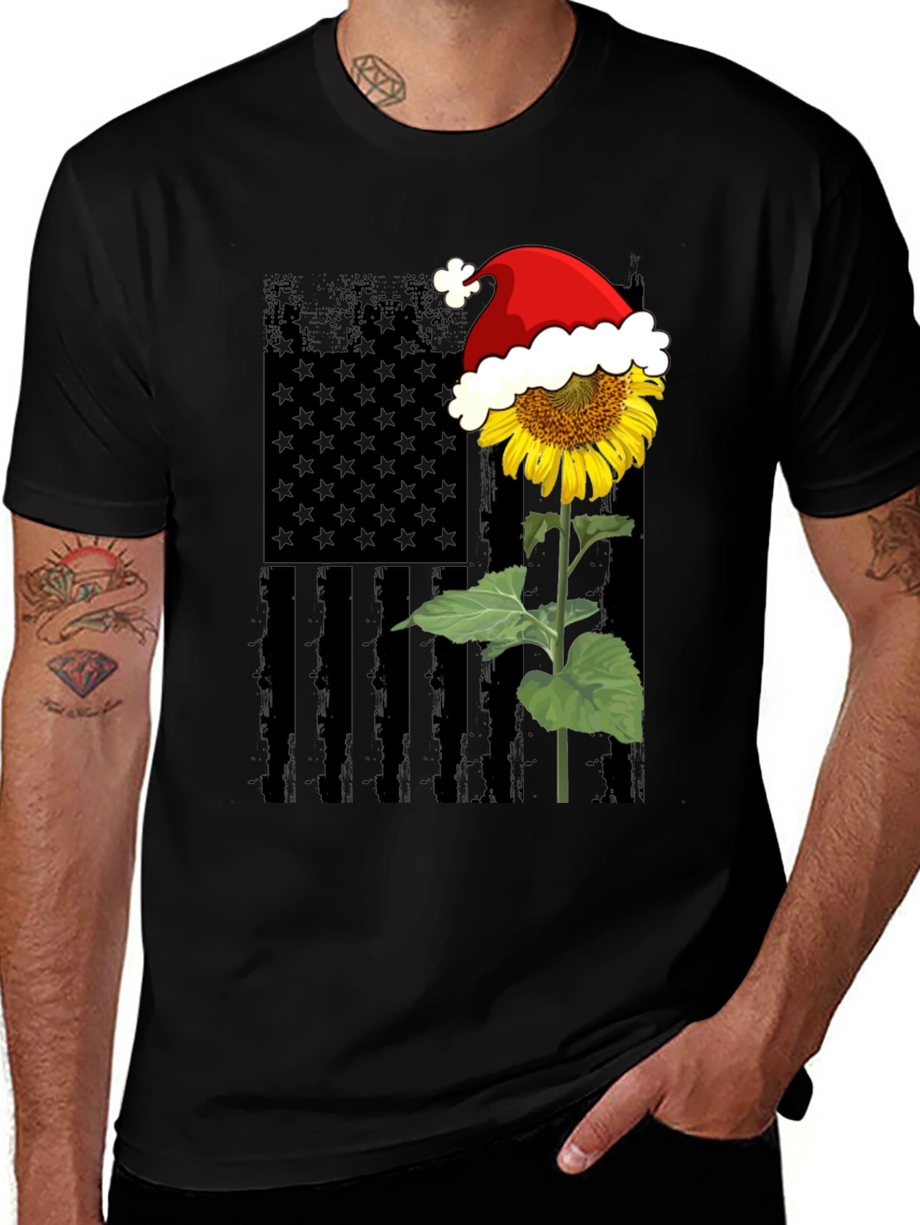 Sunflower American Flag Santa Hat T-Shirt