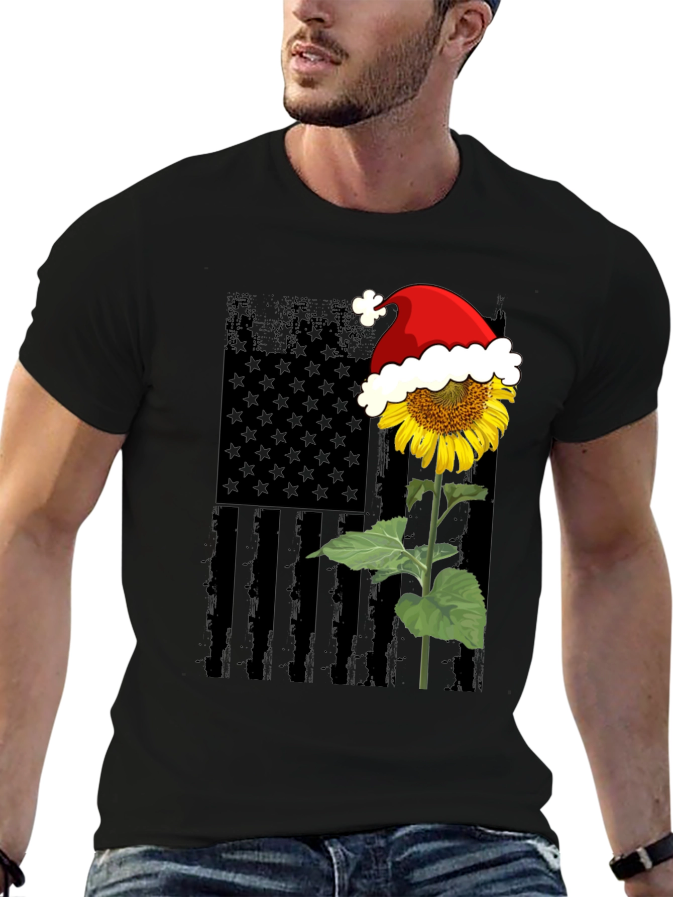 Sunflower American Flag Santa Hat T-Shirt