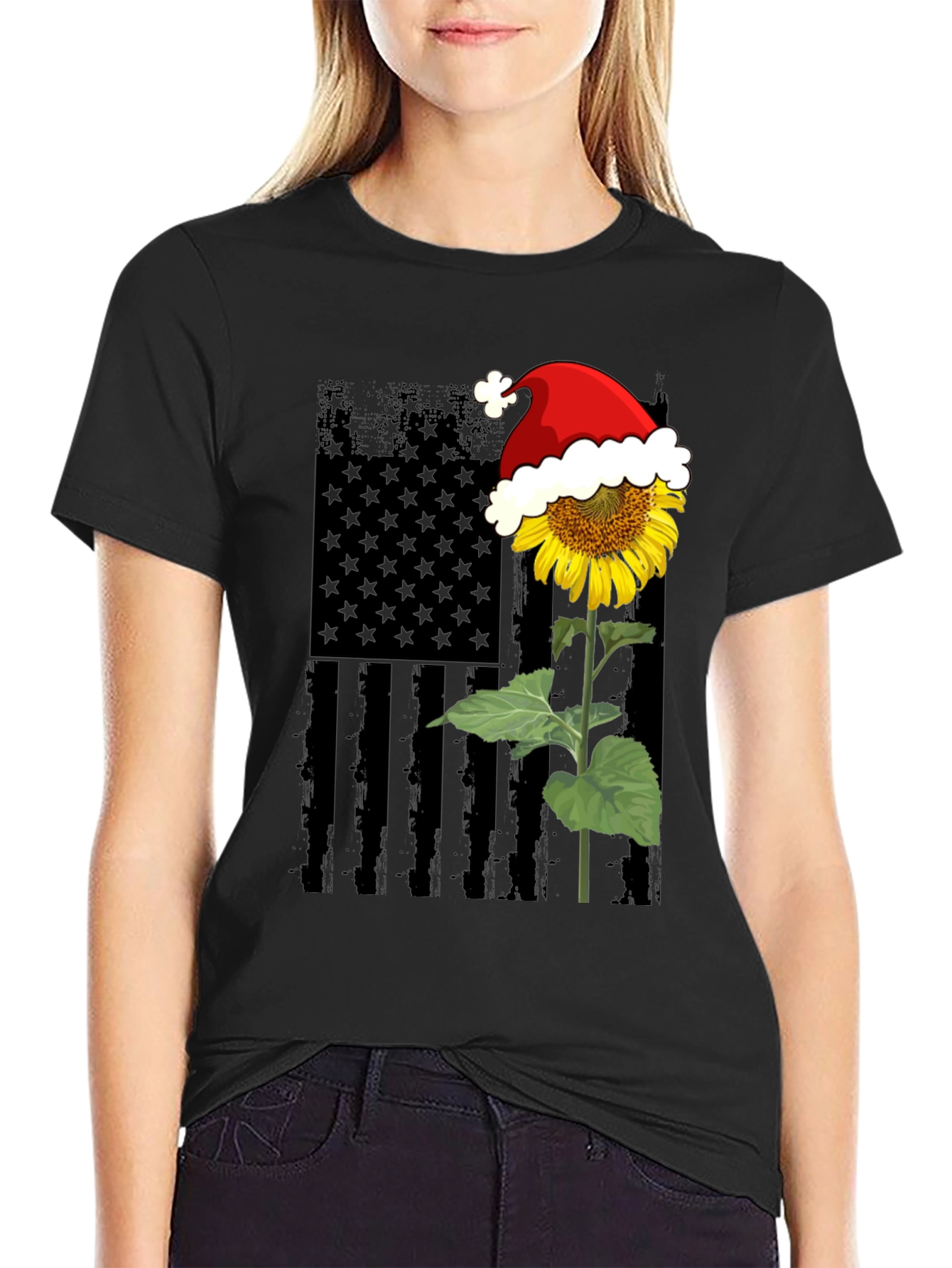 Sunflower American Flag Santa Hat T-Shirt