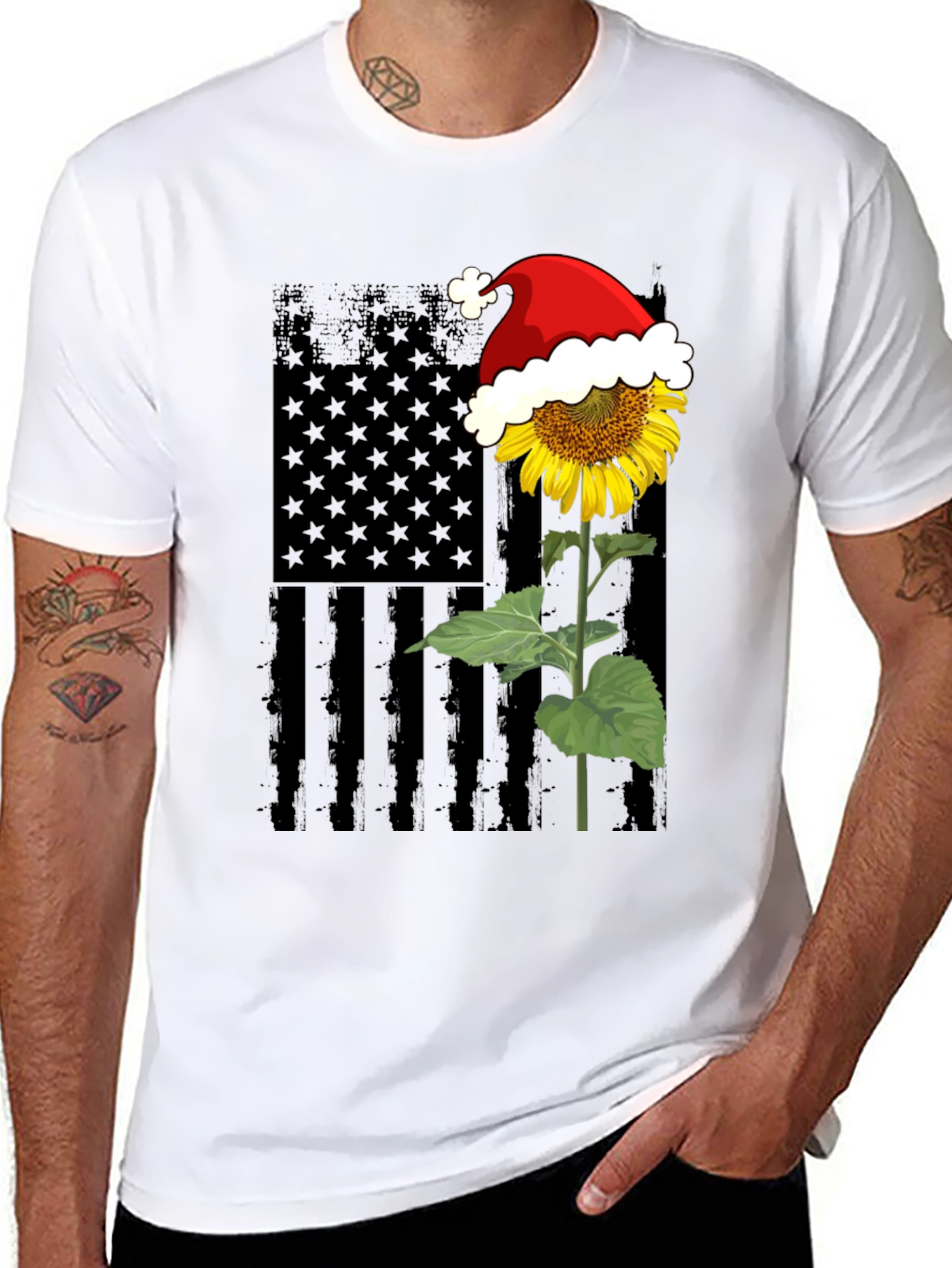 Sunflower American Flag Santa Hat T-Shirt