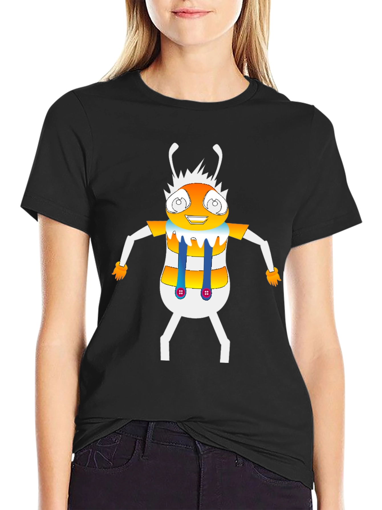 Cartoon Insect Graphic Tee - Black Crew Neck T-Shirt