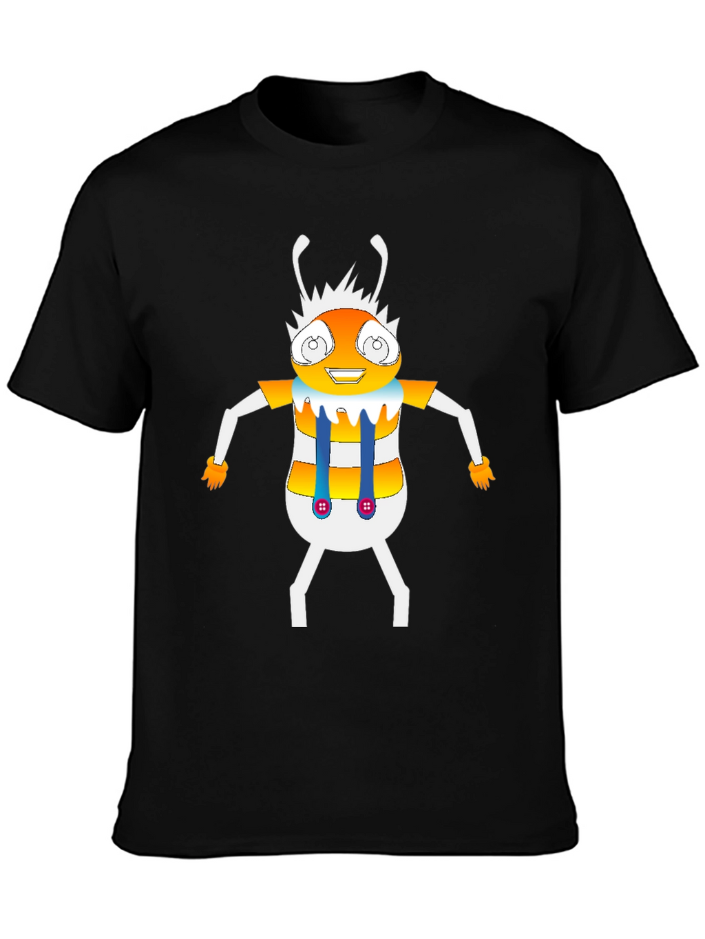 Cartoon Insect Graphic Tee - Black Crew Neck T-Shirt