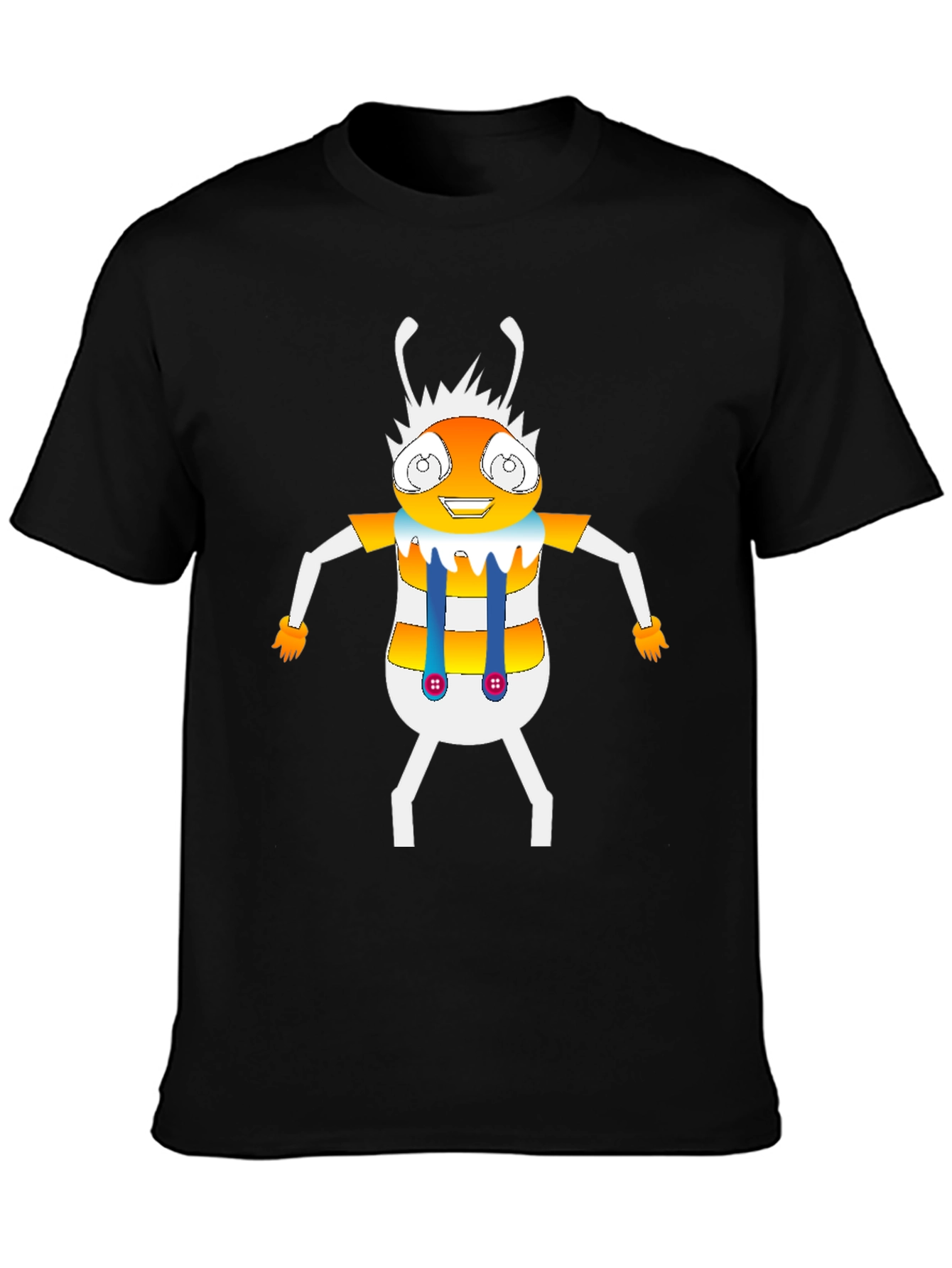 Cartoon Insect Graphic Tee - Black Crew Neck T-Shirt