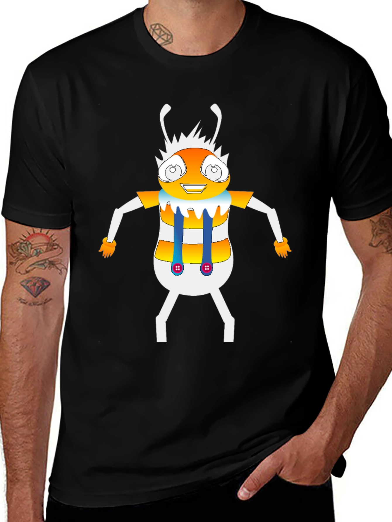 Cartoon Insect Graphic Tee - Black Crew Neck T-Shirt