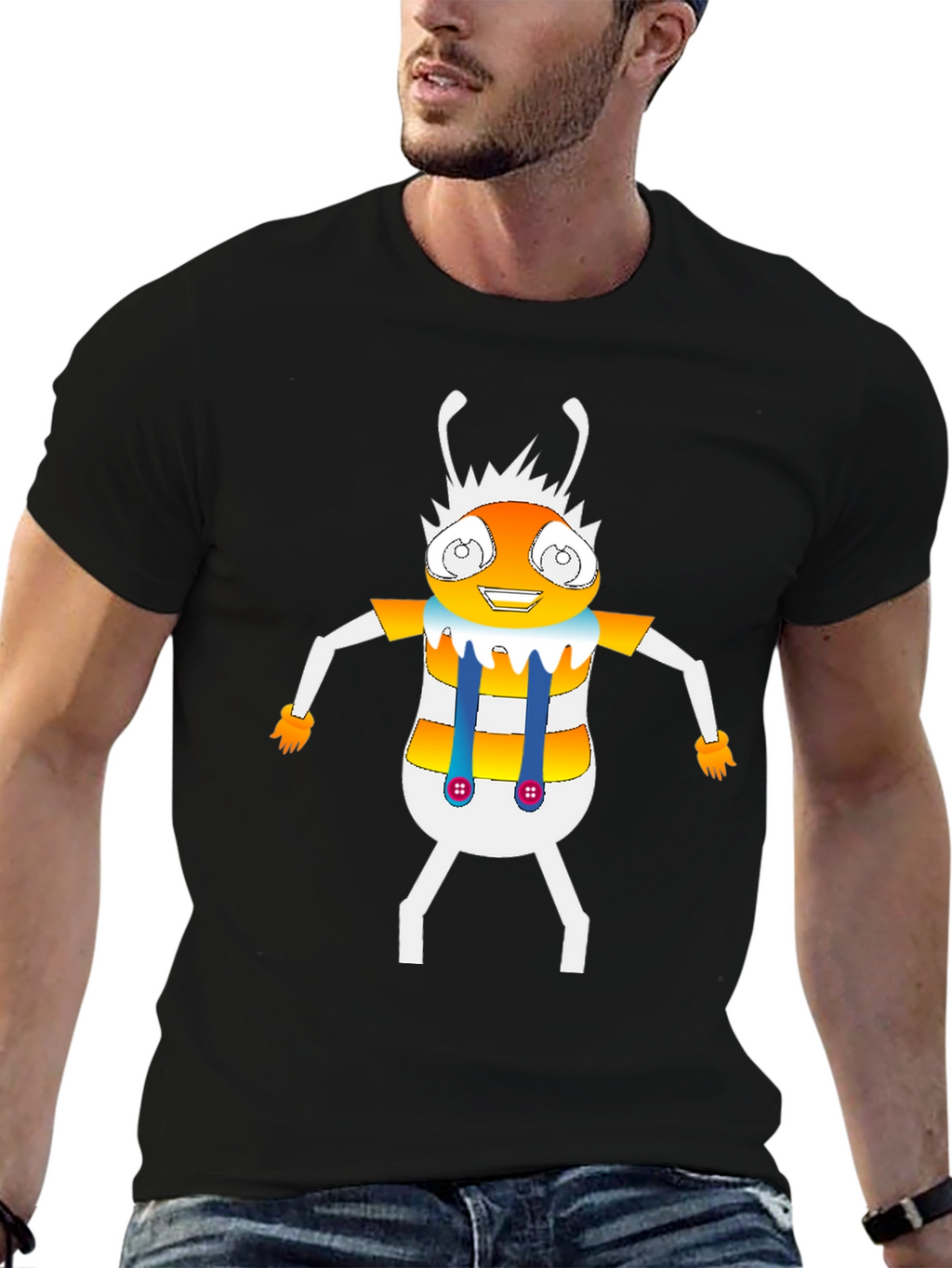 Cartoon Insect Graphic Tee - Black Crew Neck T-Shirt