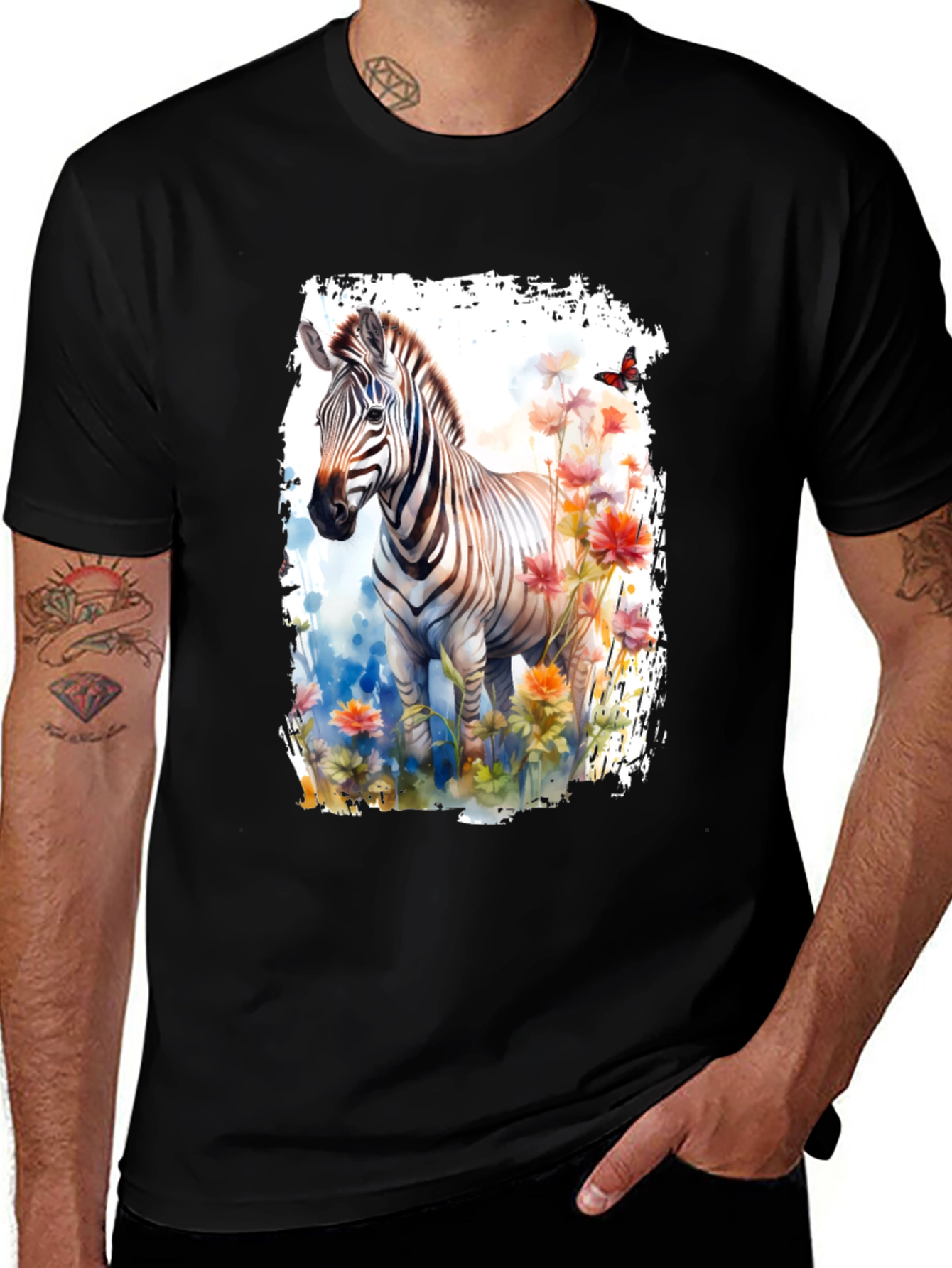 Zebra & Floral Graphic Black T-Shirt