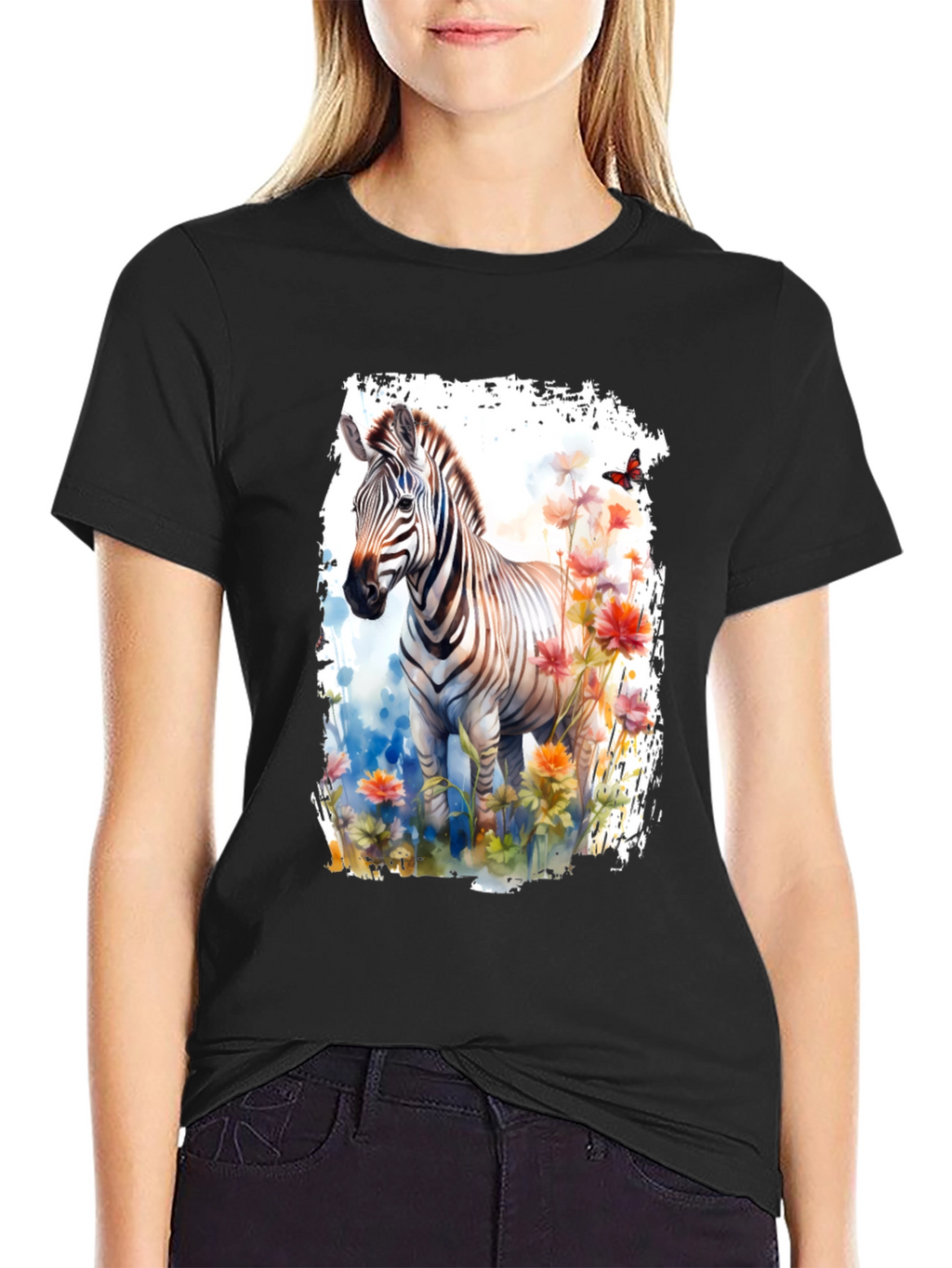 Zebra & Floral Graphic Black T-Shirt
