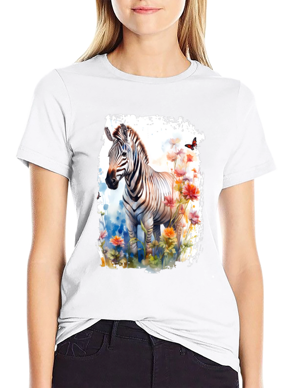 Zebra & Floral Graphic Black T-Shirt