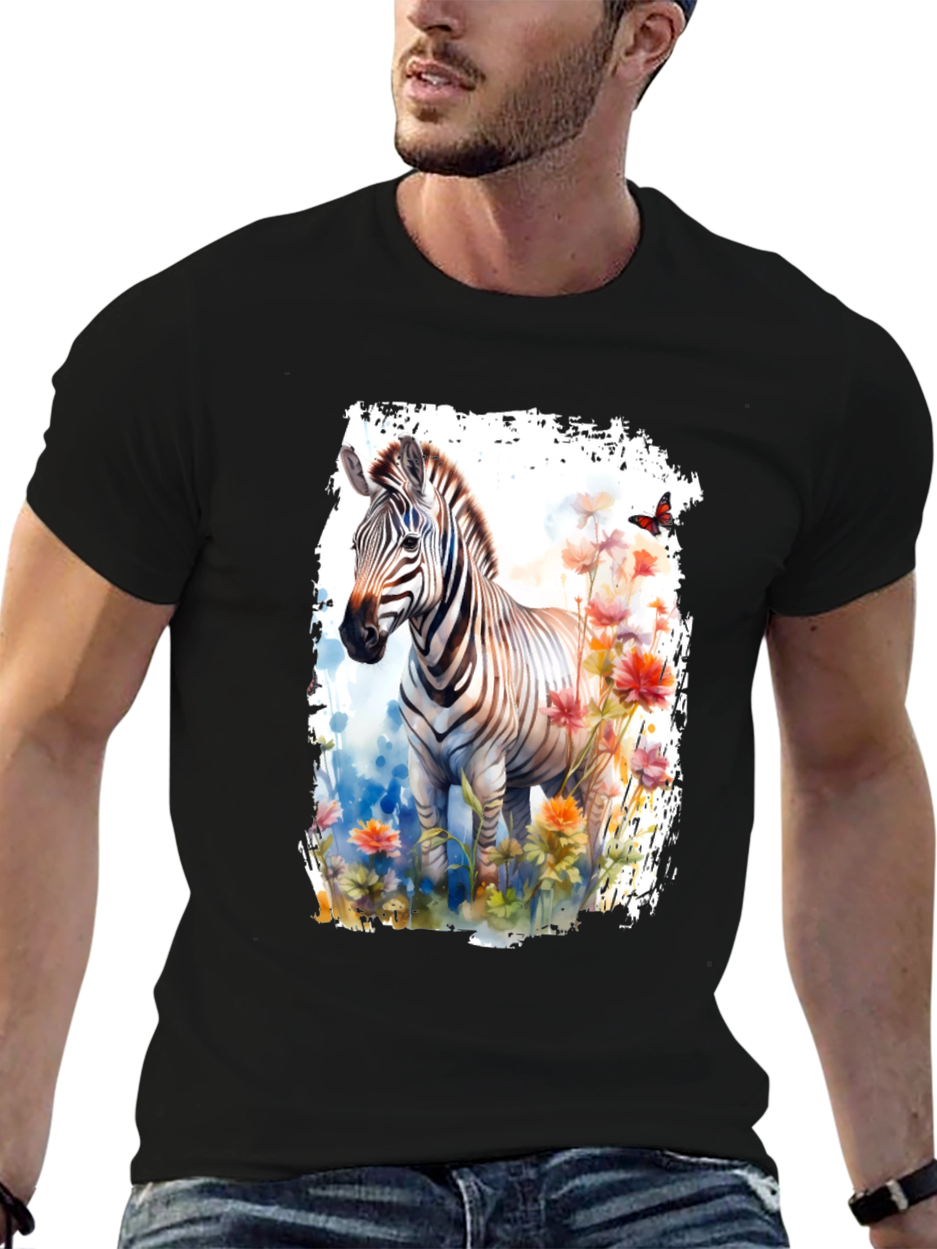 Zebra & Floral Graphic Black T-Shirt