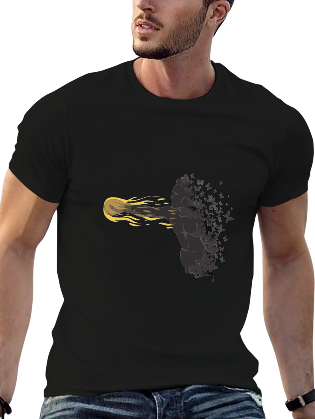Mans Black T-Shirt: Butterfly Soul Design