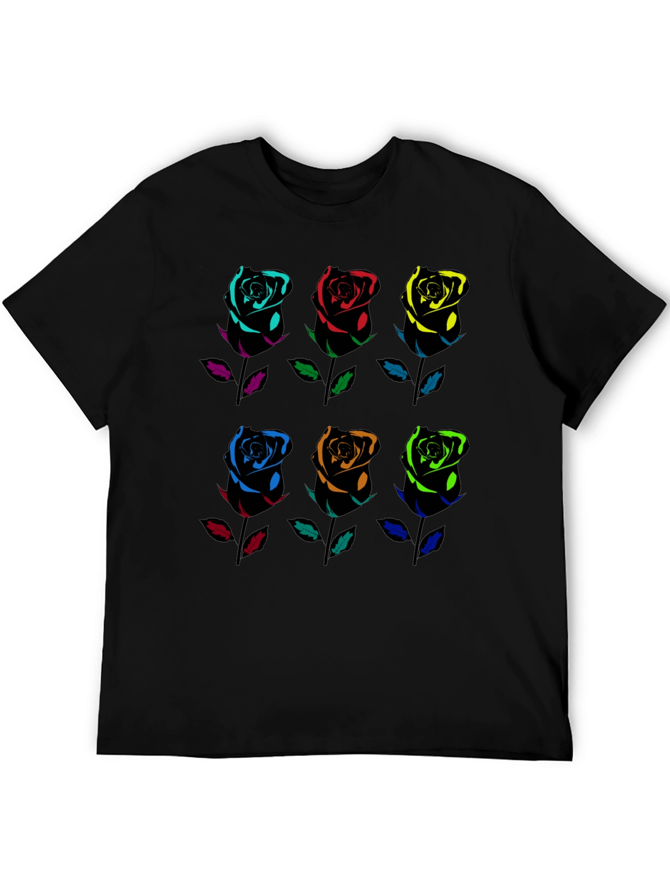 Rainbow Roses Graphic Tee - Black Cotton T-Shirt
