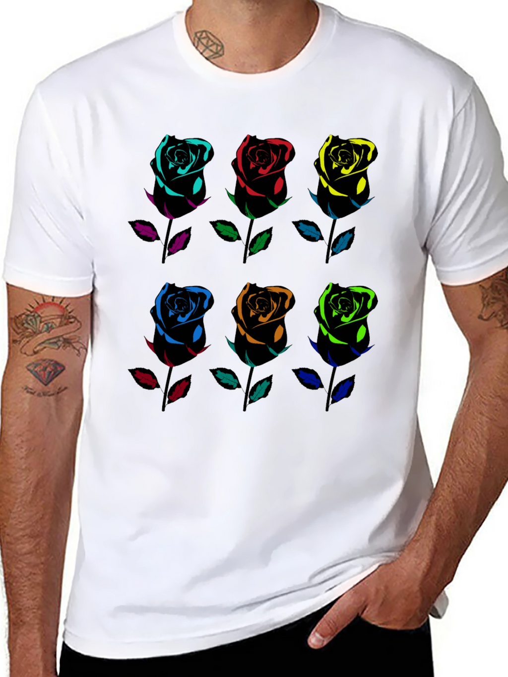 Rainbow Roses Graphic Tee - Black Cotton T-Shirt