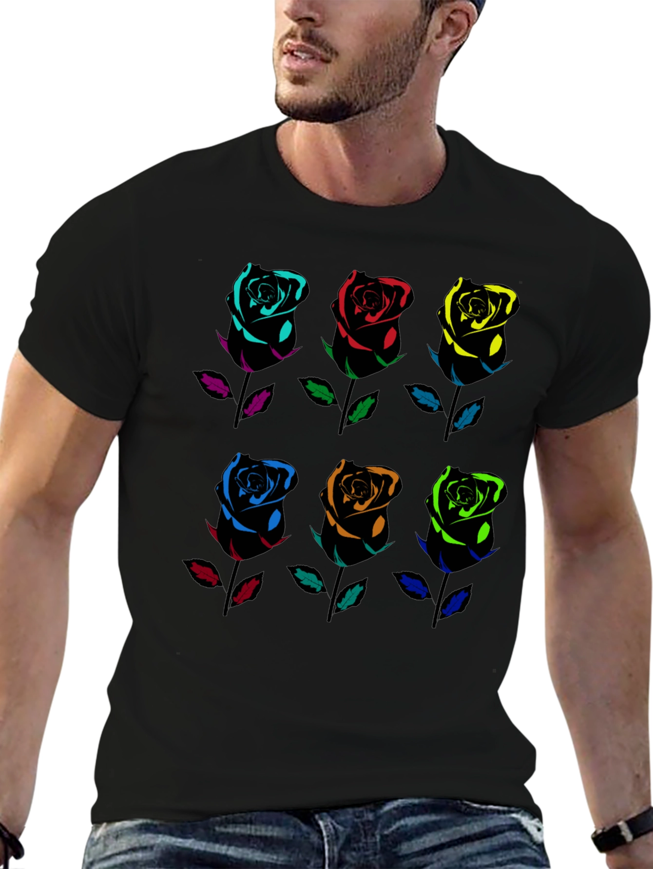 Rainbow Roses Graphic Tee - Black Cotton T-Shirt
