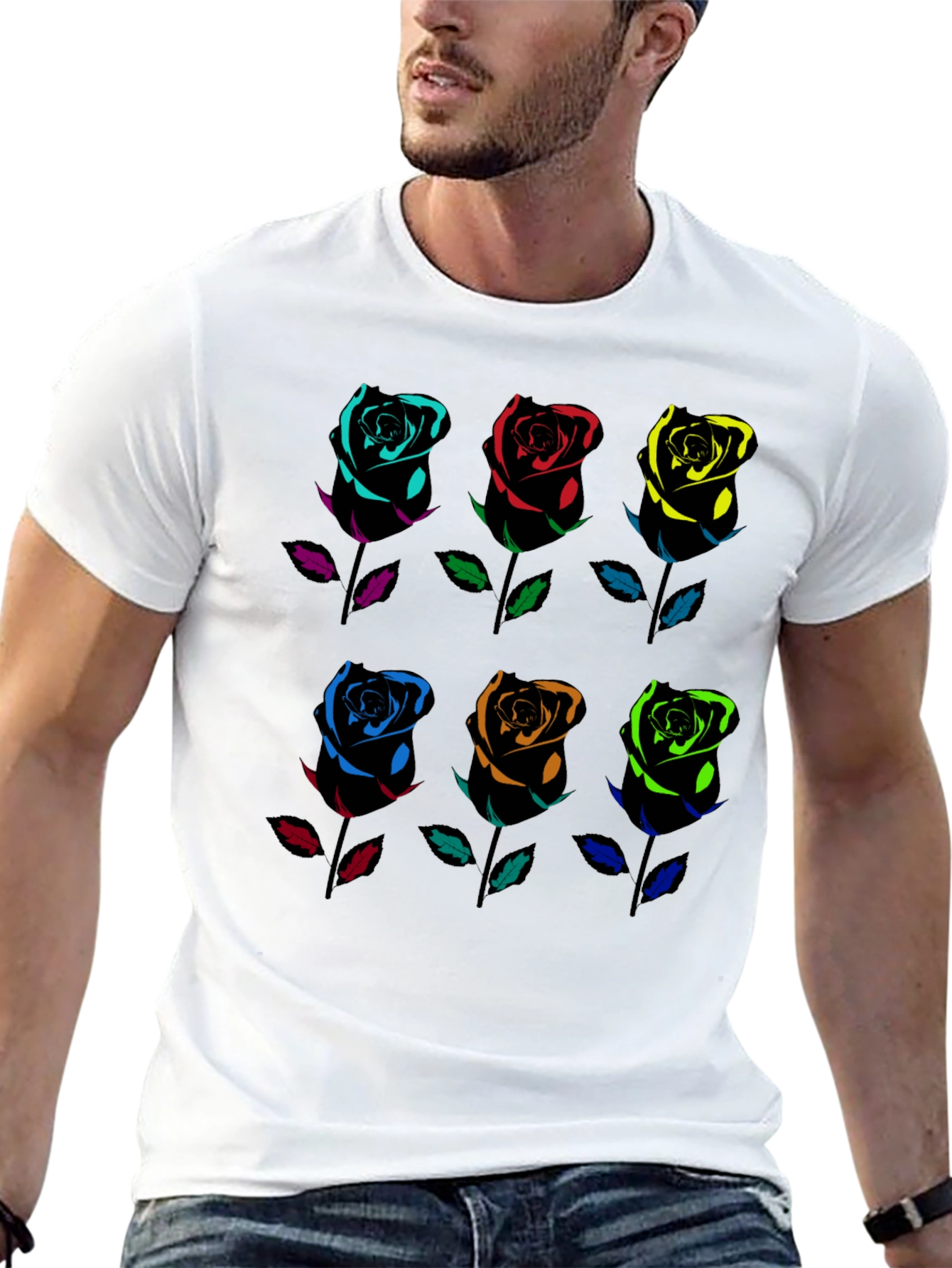 Rainbow Roses Graphic Tee - Black Cotton T-Shirt