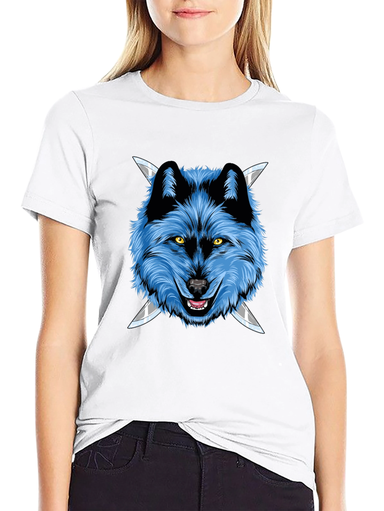 Wolf Graphic Tee: Fierce Blue Wolf with Knives