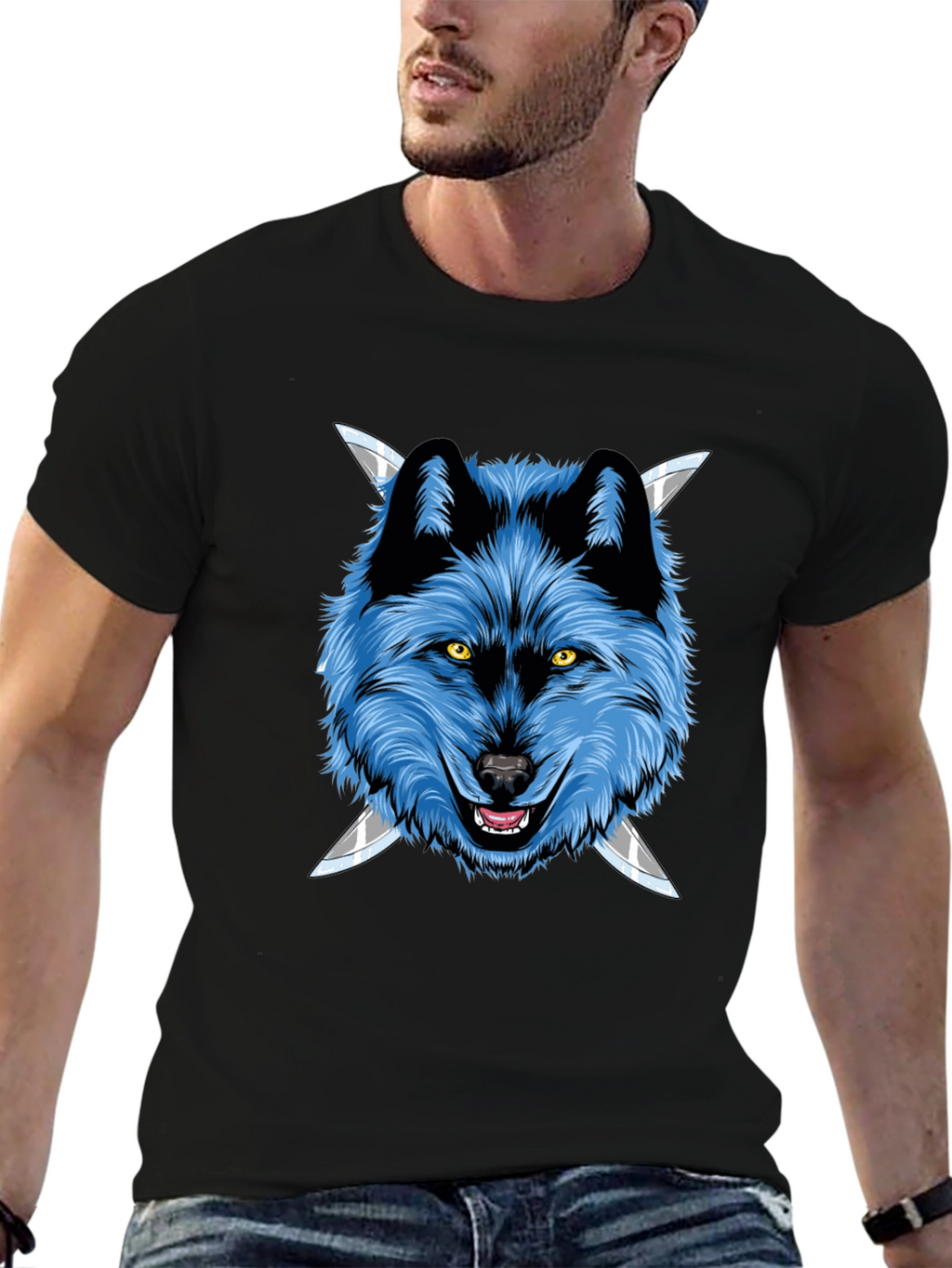 Wolf Graphic Tee: Fierce Blue Wolf with Knives