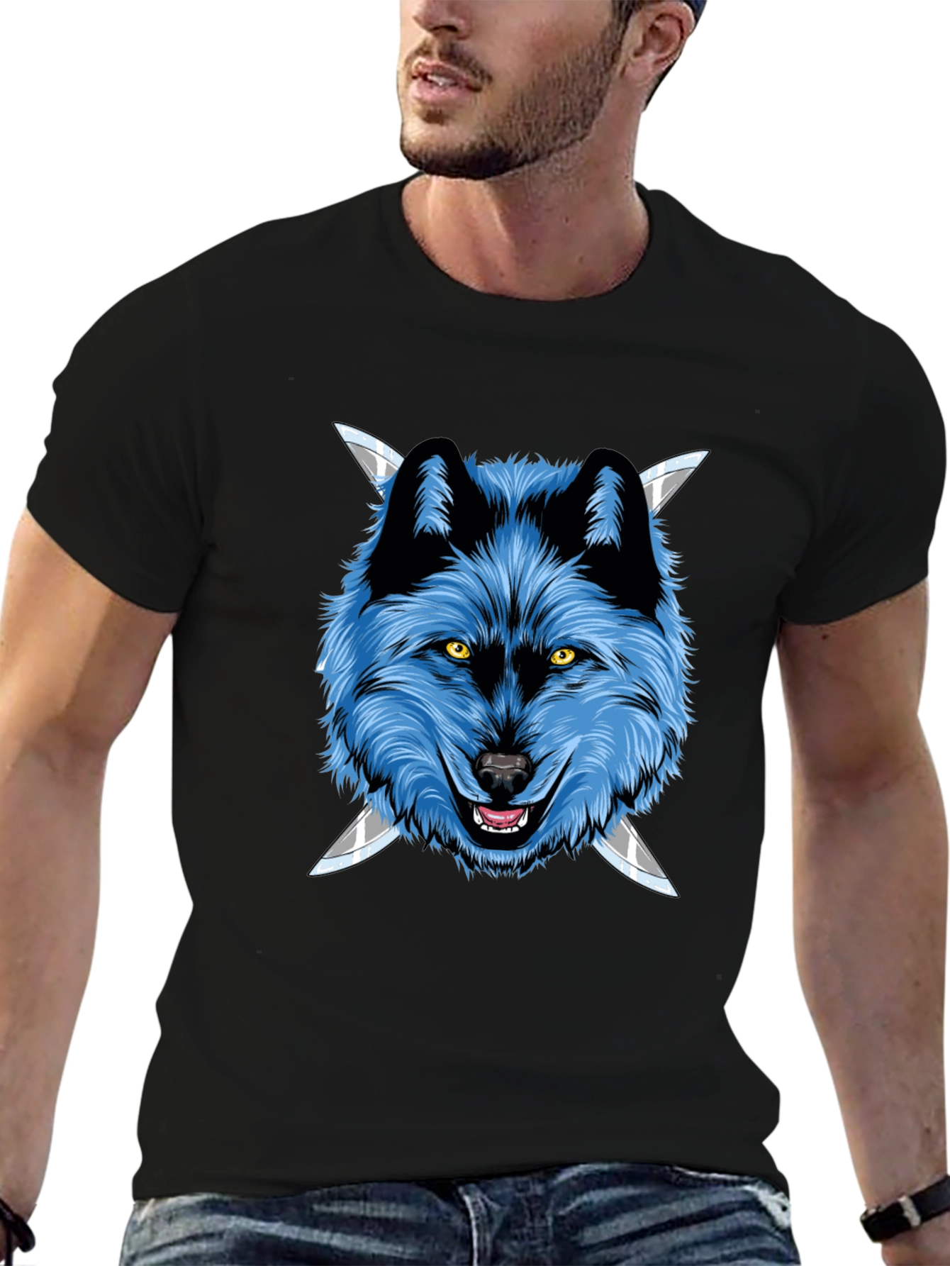 Wolf Graphic Tee: Fierce Blue Wolf with Knives