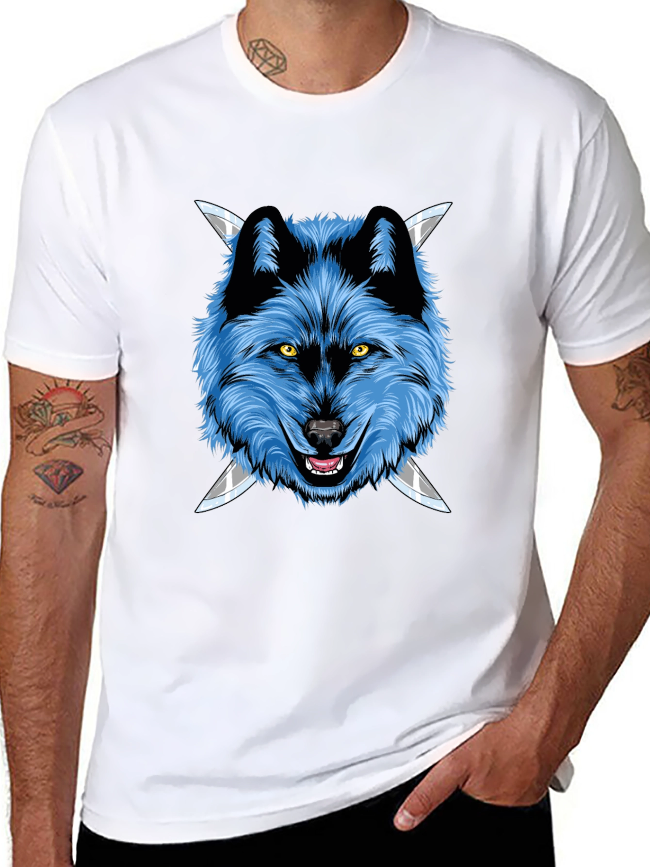 Wolf Graphic Tee: Fierce Blue Wolf with Knives