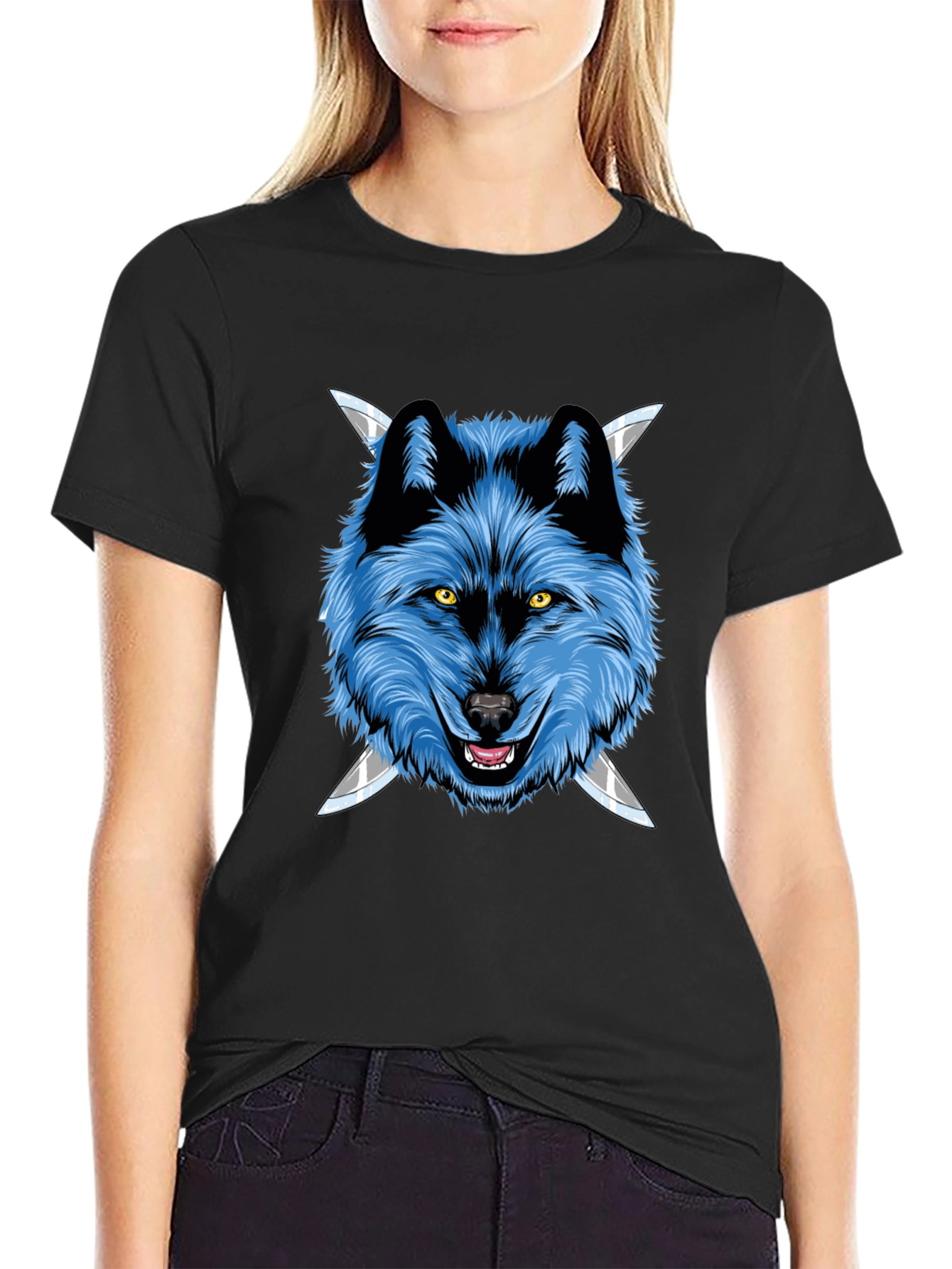 Wolf Graphic Tee: Fierce Blue Wolf with Knives
