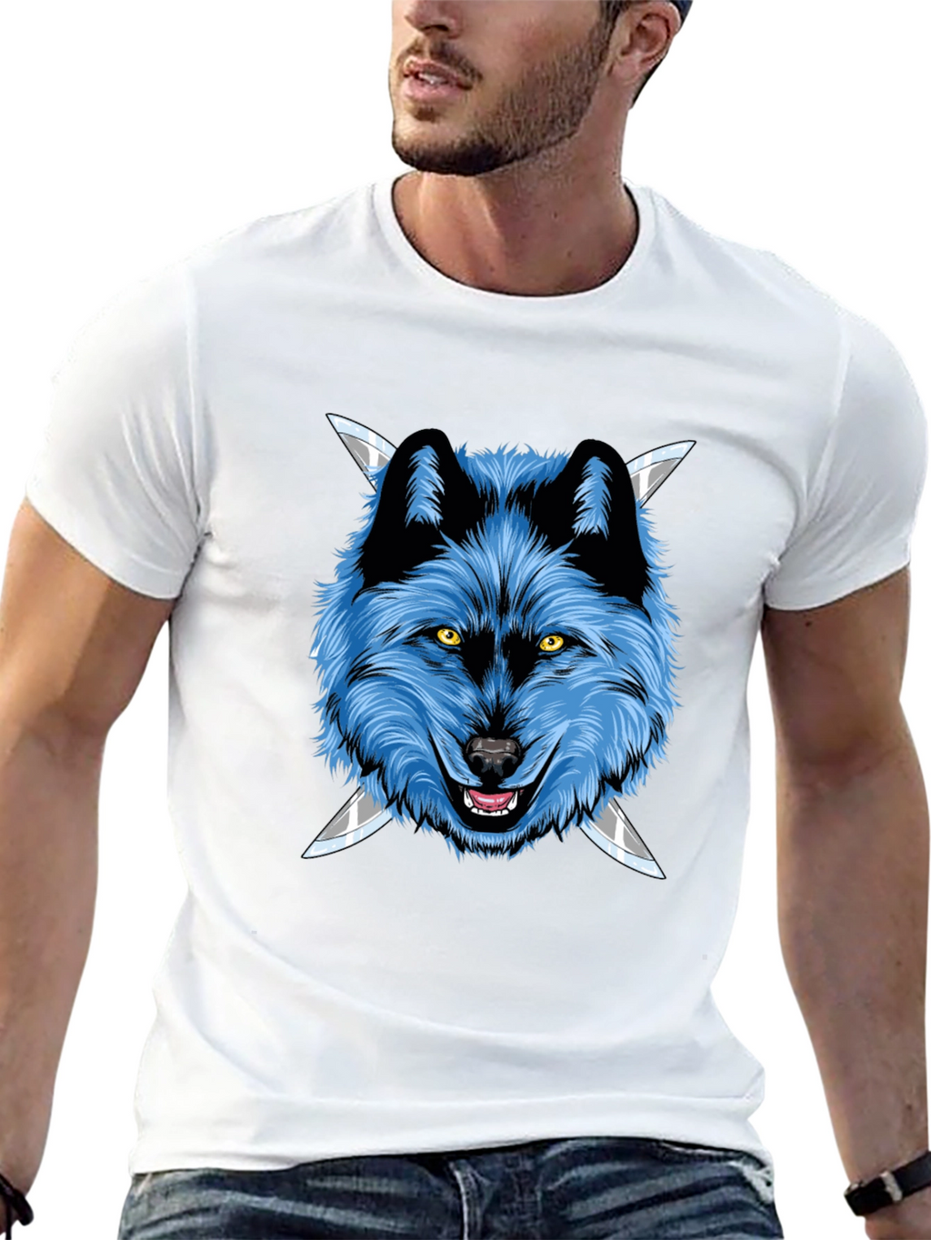 Wolf Graphic Tee: Fierce Blue Wolf with Knives