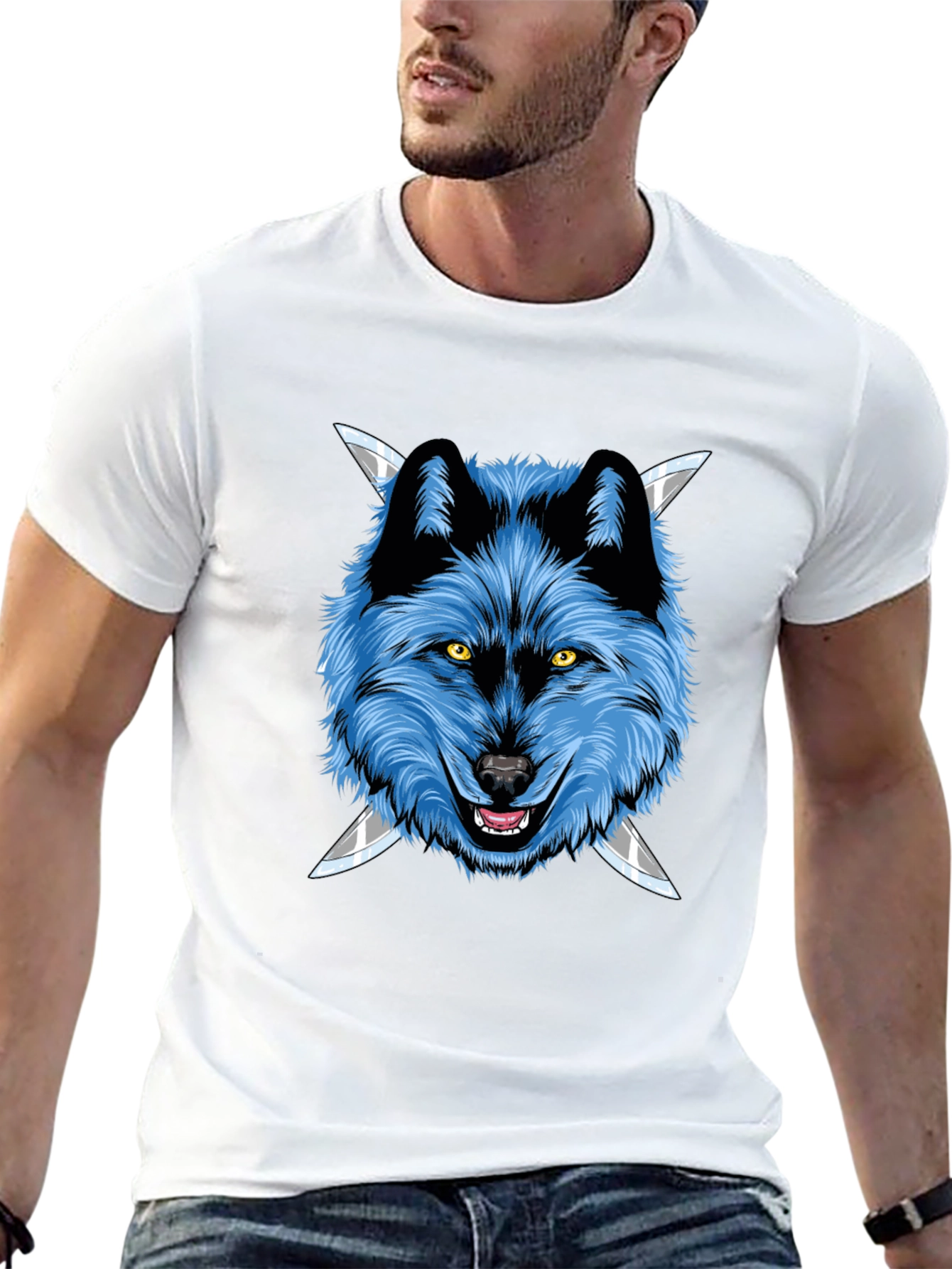 Wolf Graphic Tee: Fierce Blue Wolf with Knives