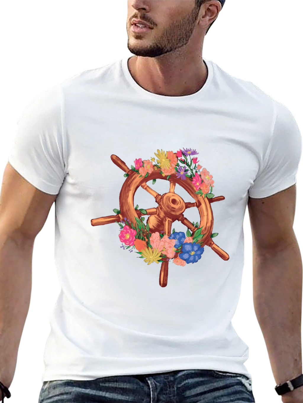 Floral Ship Wheel Graphic Tee
