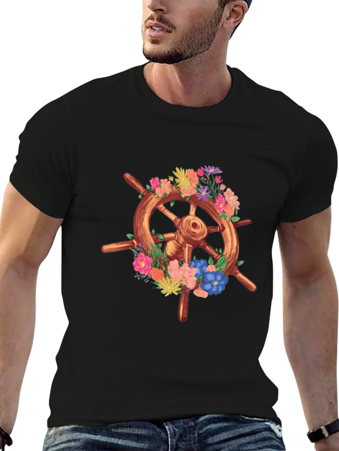 Floral Ship Wheel Graphic Tee