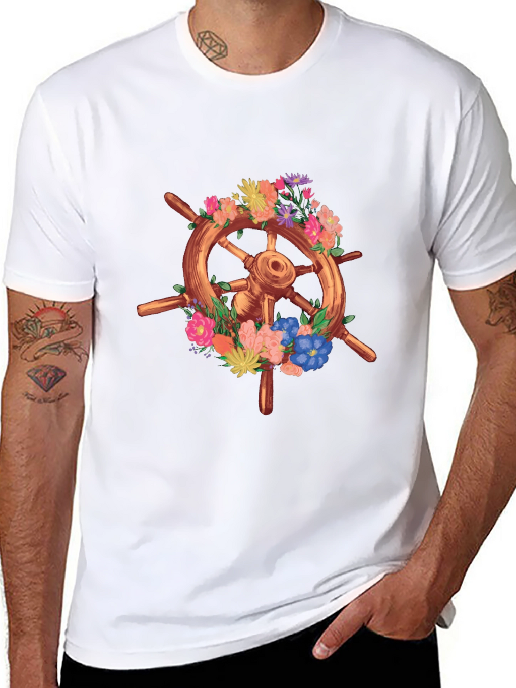 Floral Ship Wheel Graphic Tee