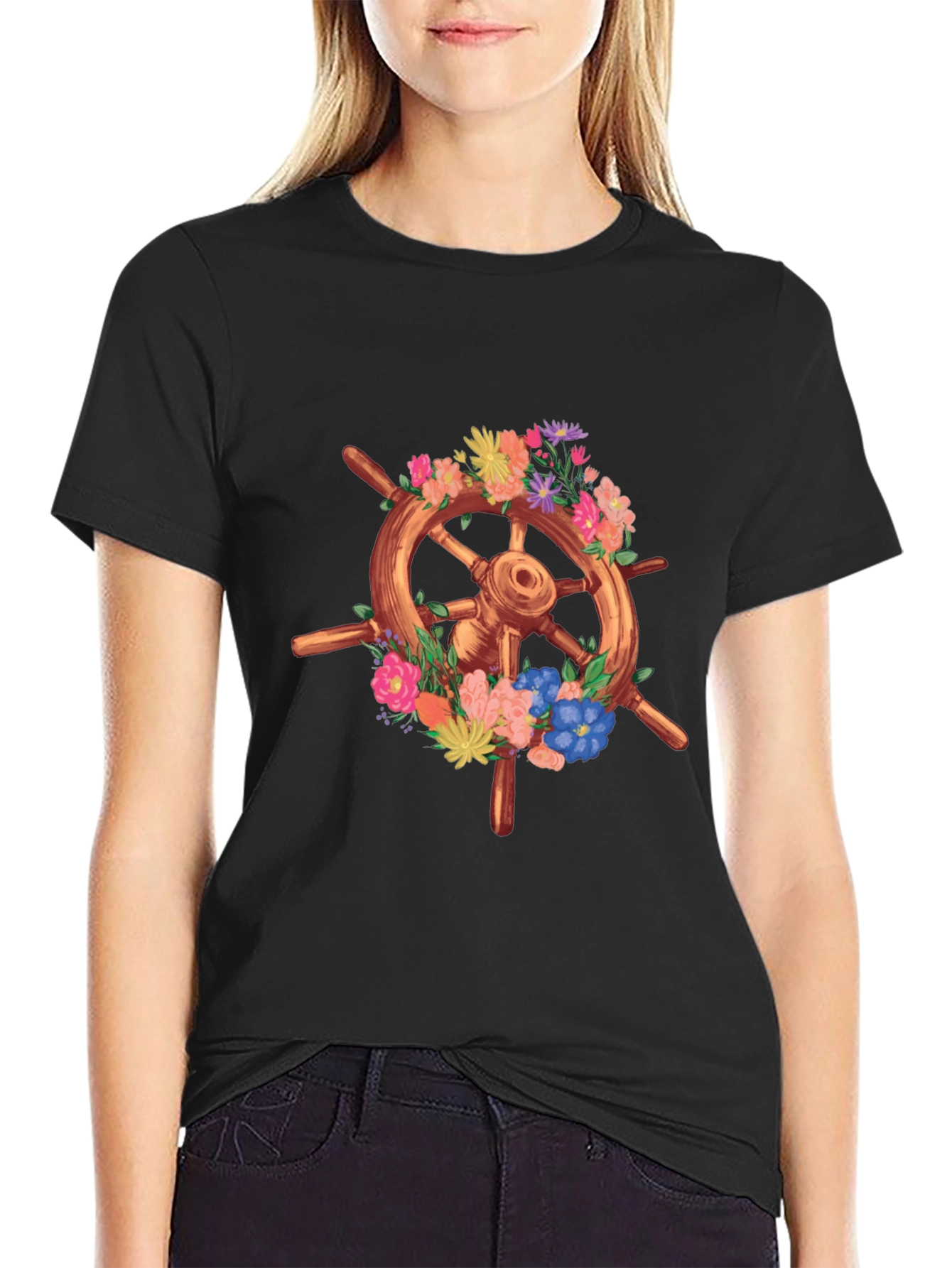Floral Ship Wheel Graphic Tee