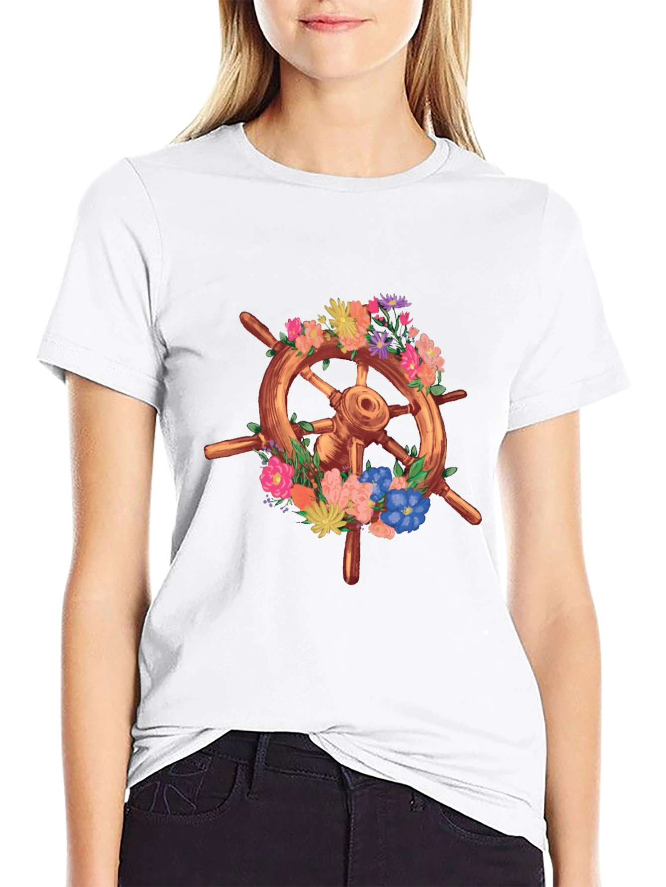 Floral Ship Wheel Graphic Tee