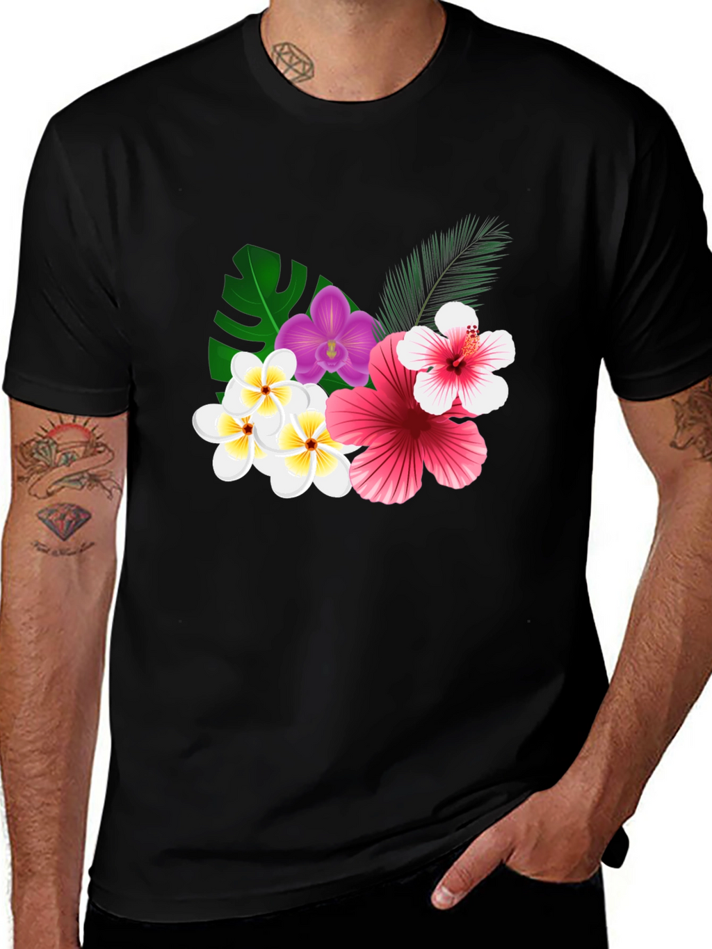 Tropical Floral Print Black T-Shirt