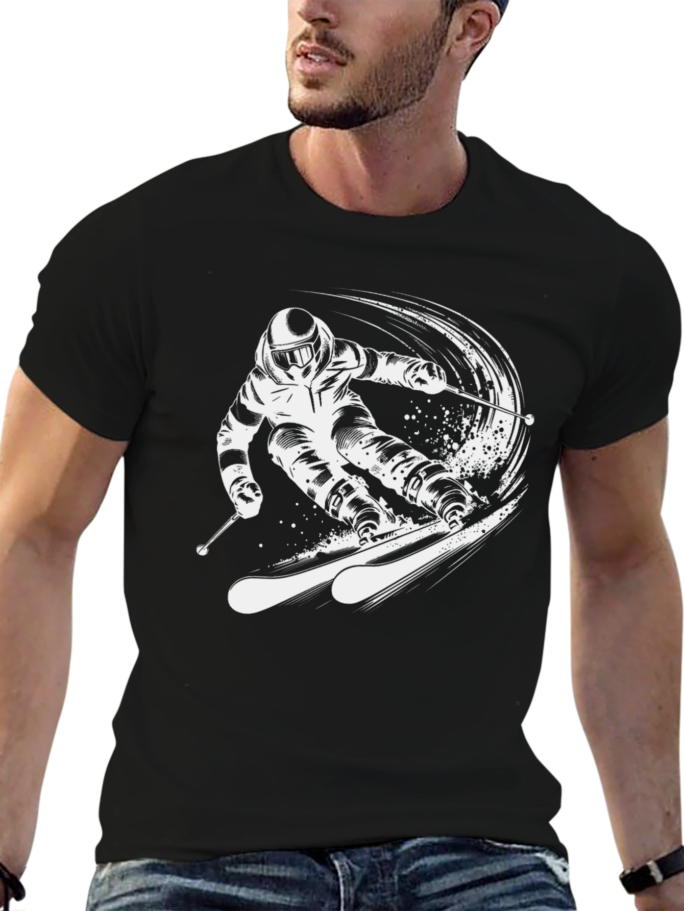 Skiing Graphic Tee - Black Cotton T-Shirt