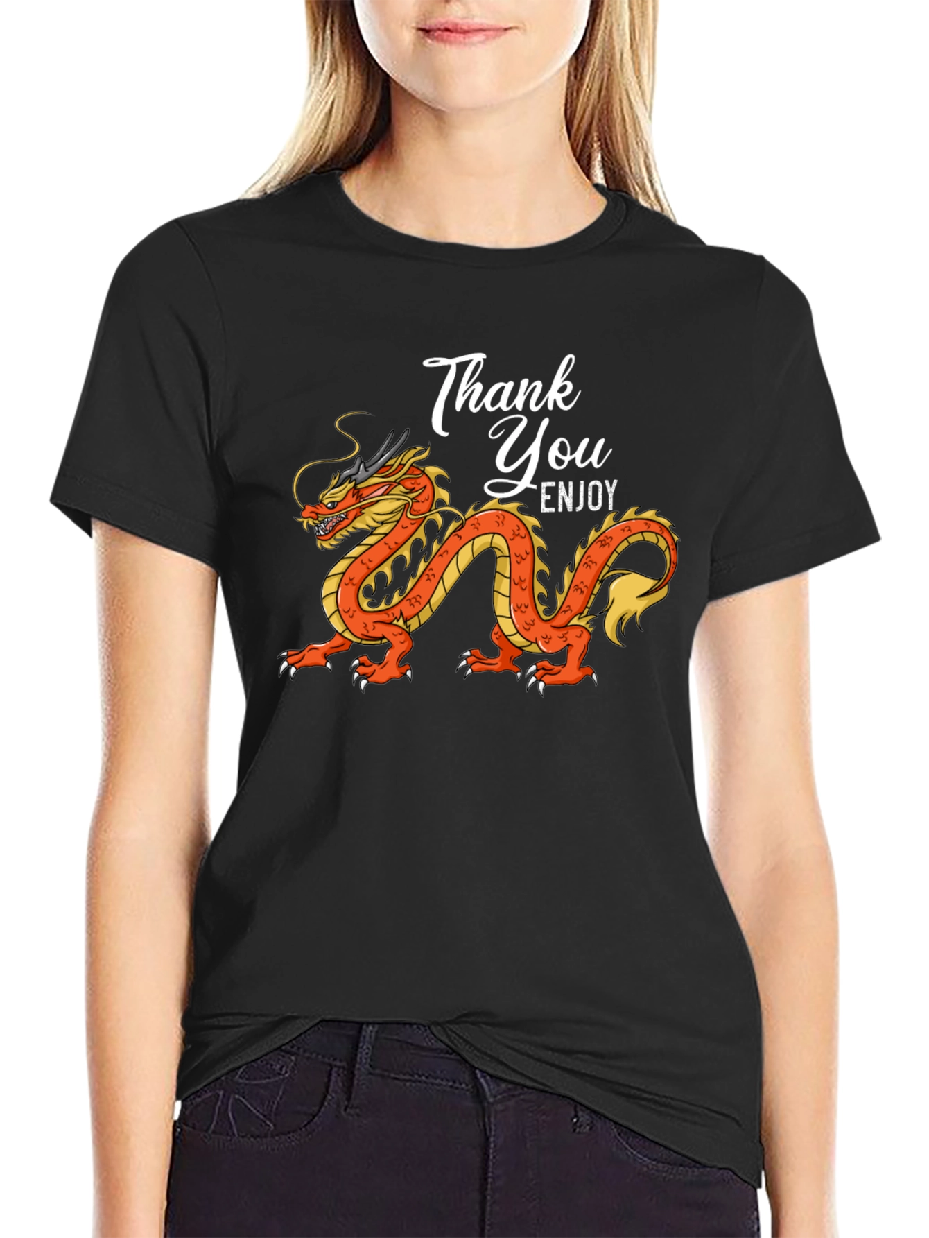 Thank You Enjoy Dragon Graphic Tee - Stylish Black T-Shirt