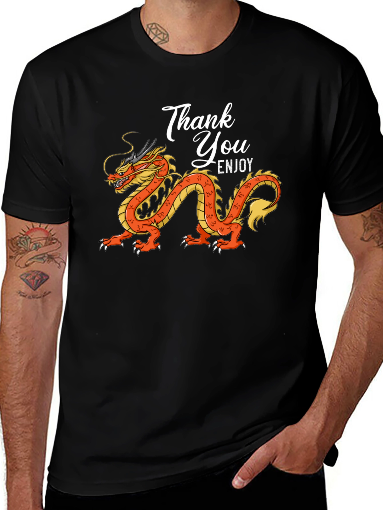 Thank You Enjoy Dragon Graphic Tee - Stylish Black T-Shirt
