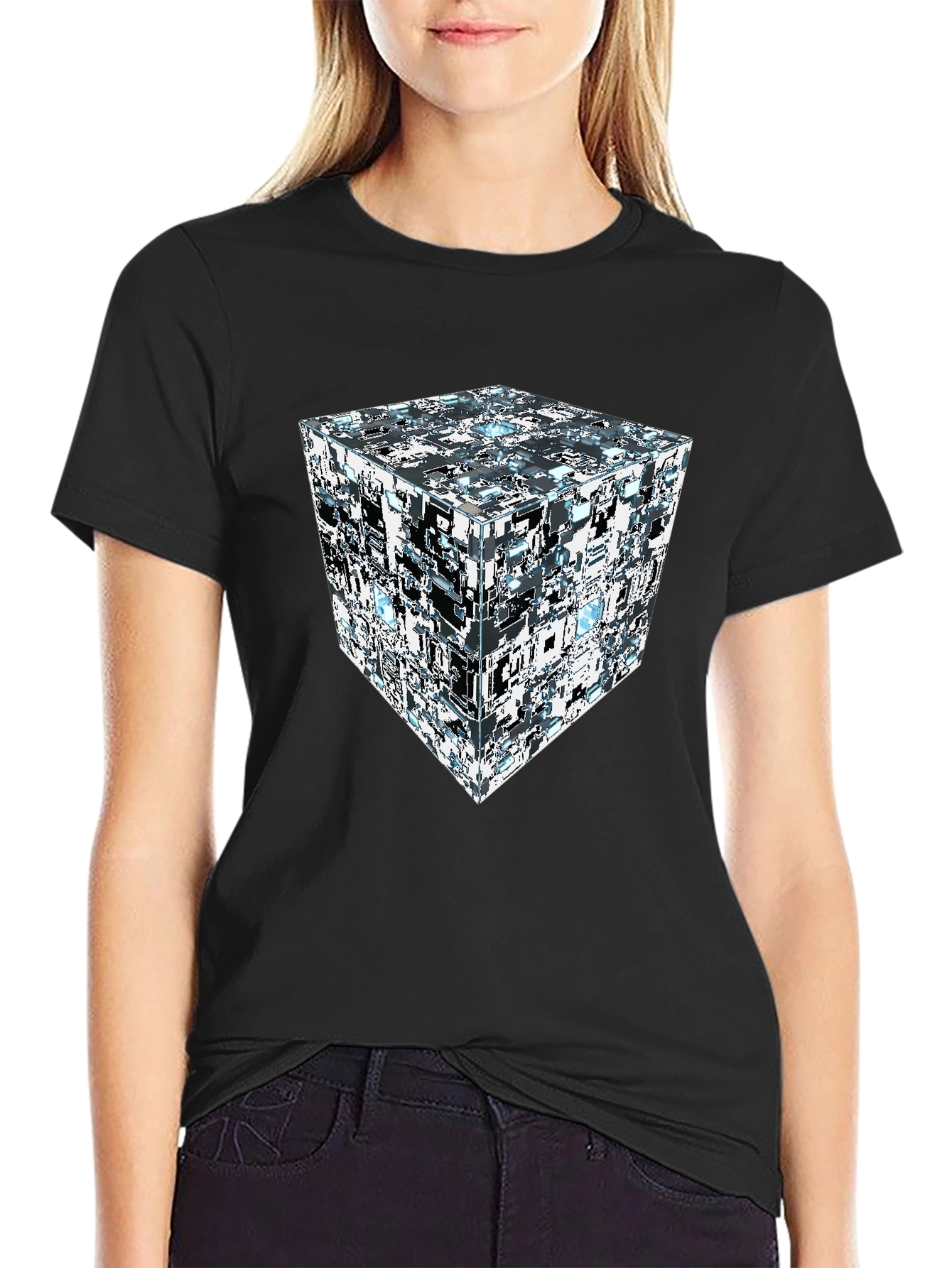 Abstract Cube Print Black T-Shirt