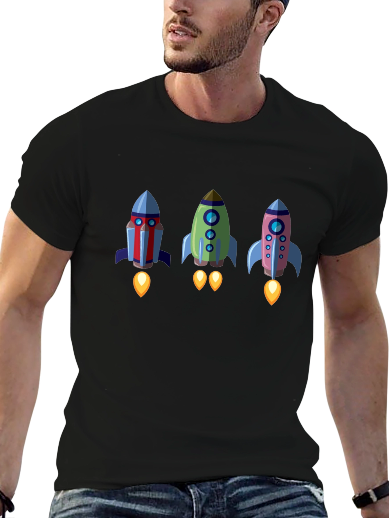 Rocket Trio Graphic Tee - Black Cotton T-Shirt