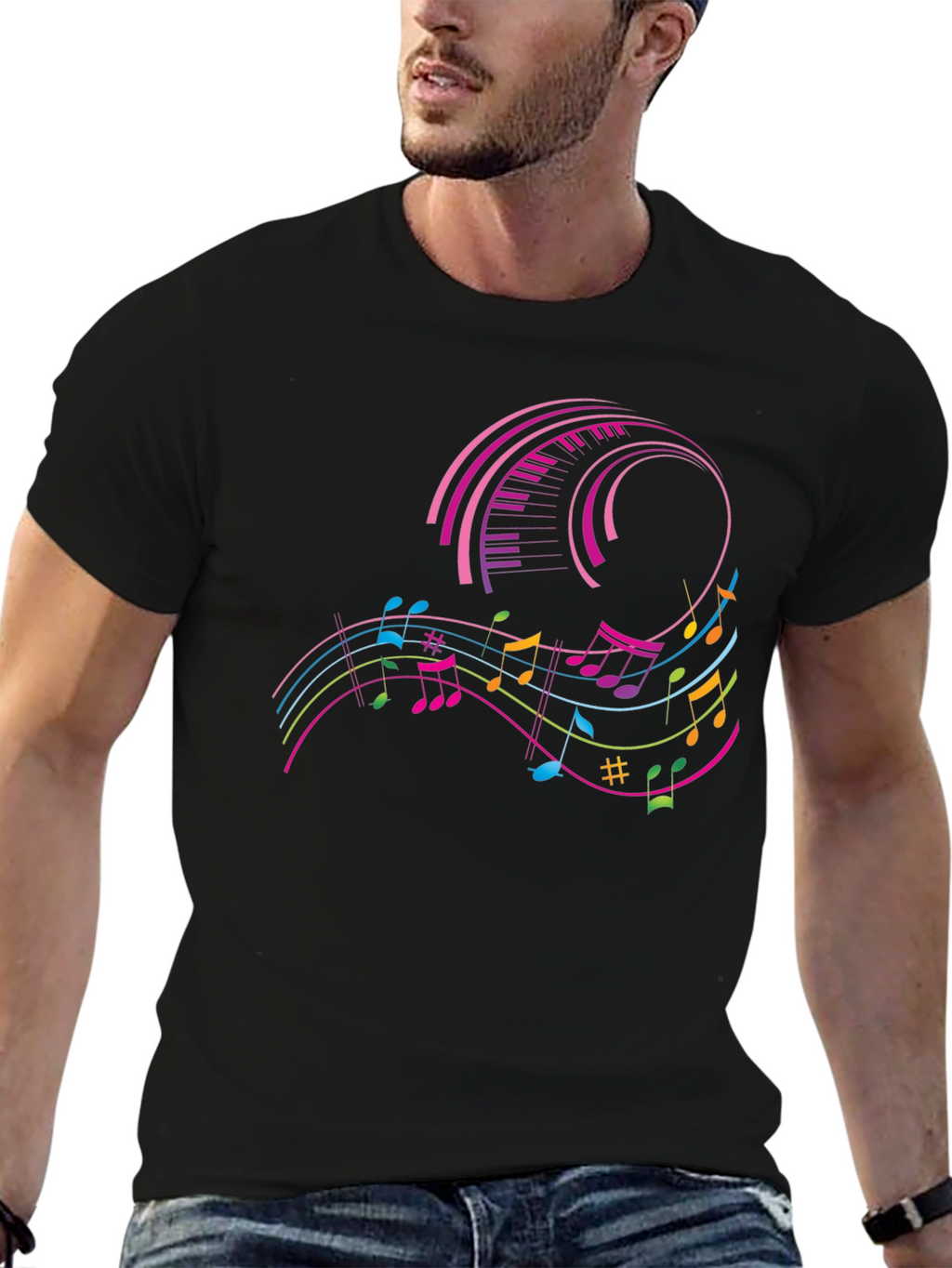 Musical Notes Keyboard Graphic Tee - Black
