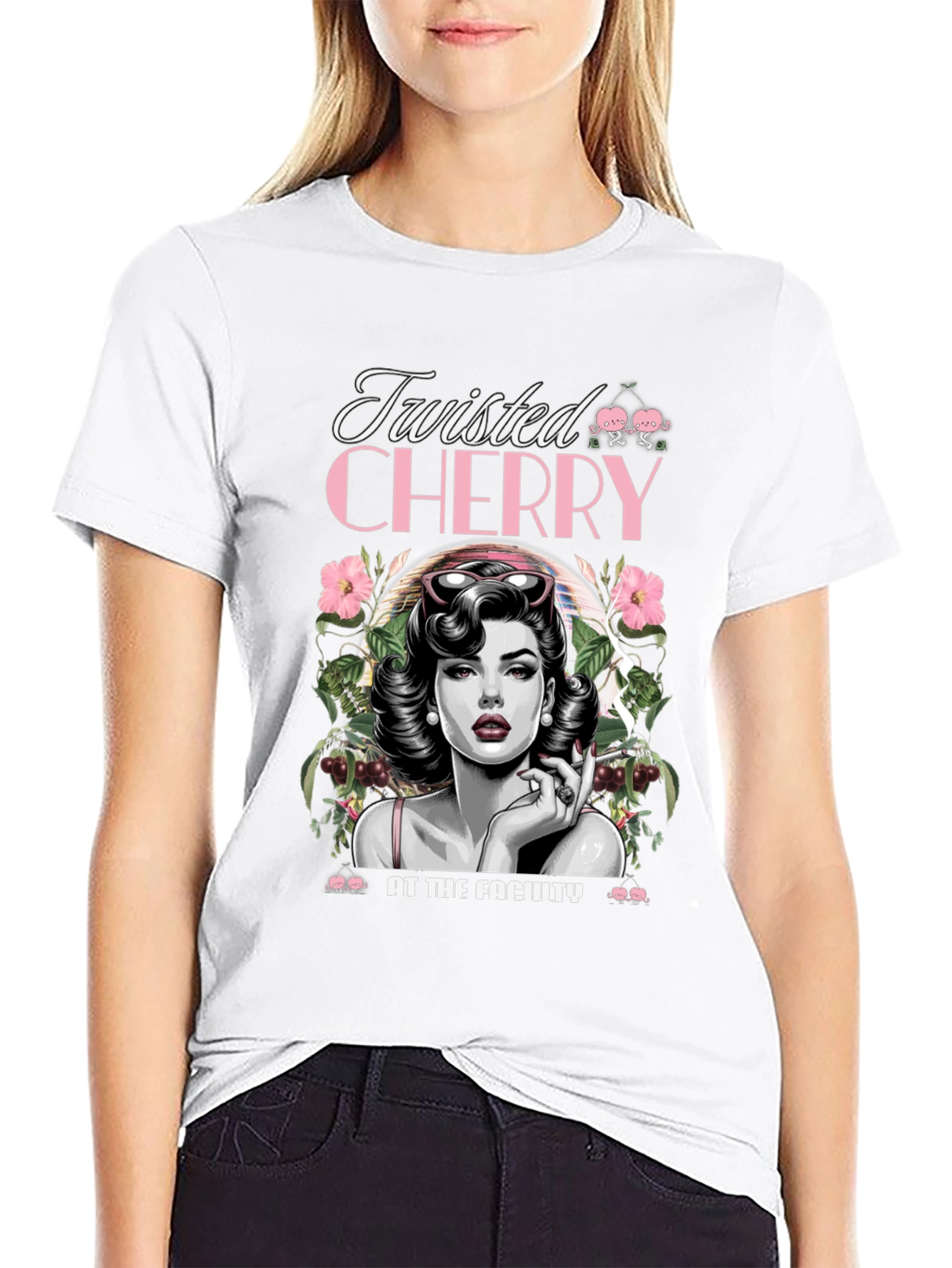 Twisted Cherry Graphic Tee - Retro Pin-Up Style