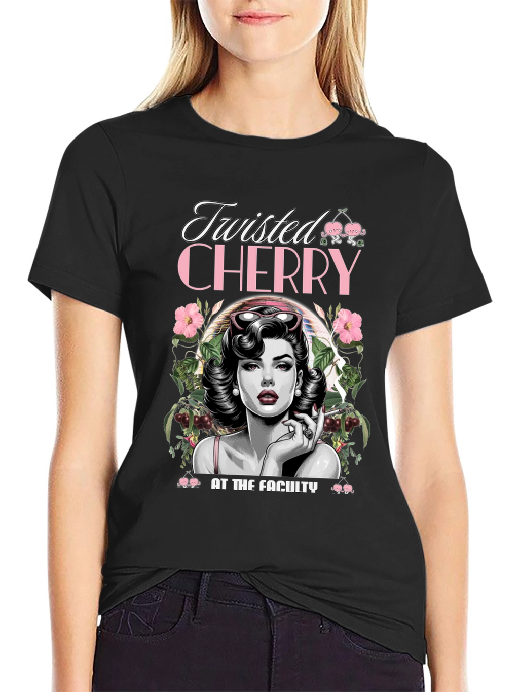 Twisted Cherry Graphic Tee - Retro Pin-Up Style