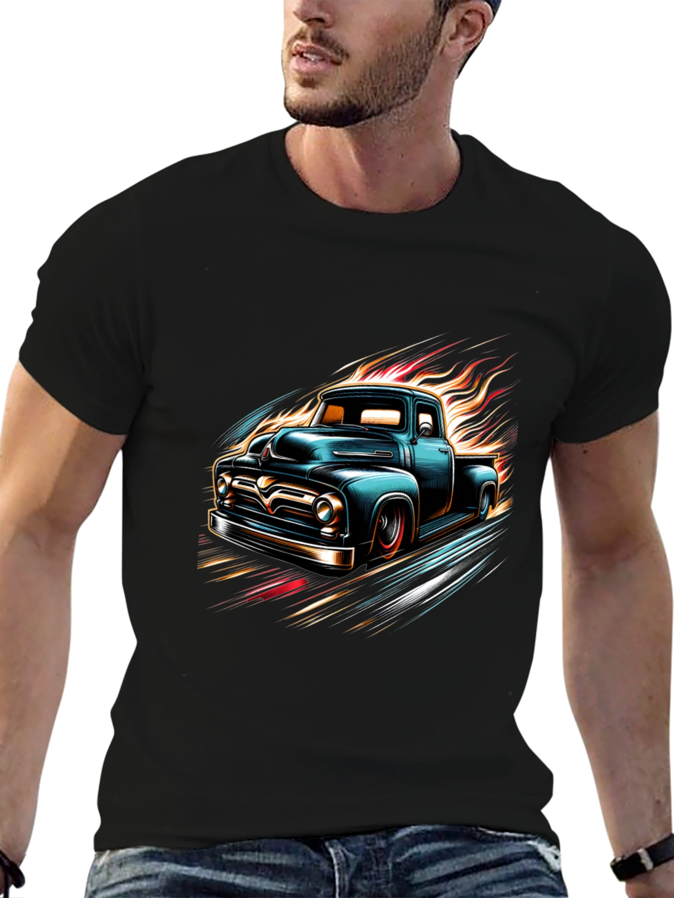 Vintage Truck Flames Graphic Tee - Black