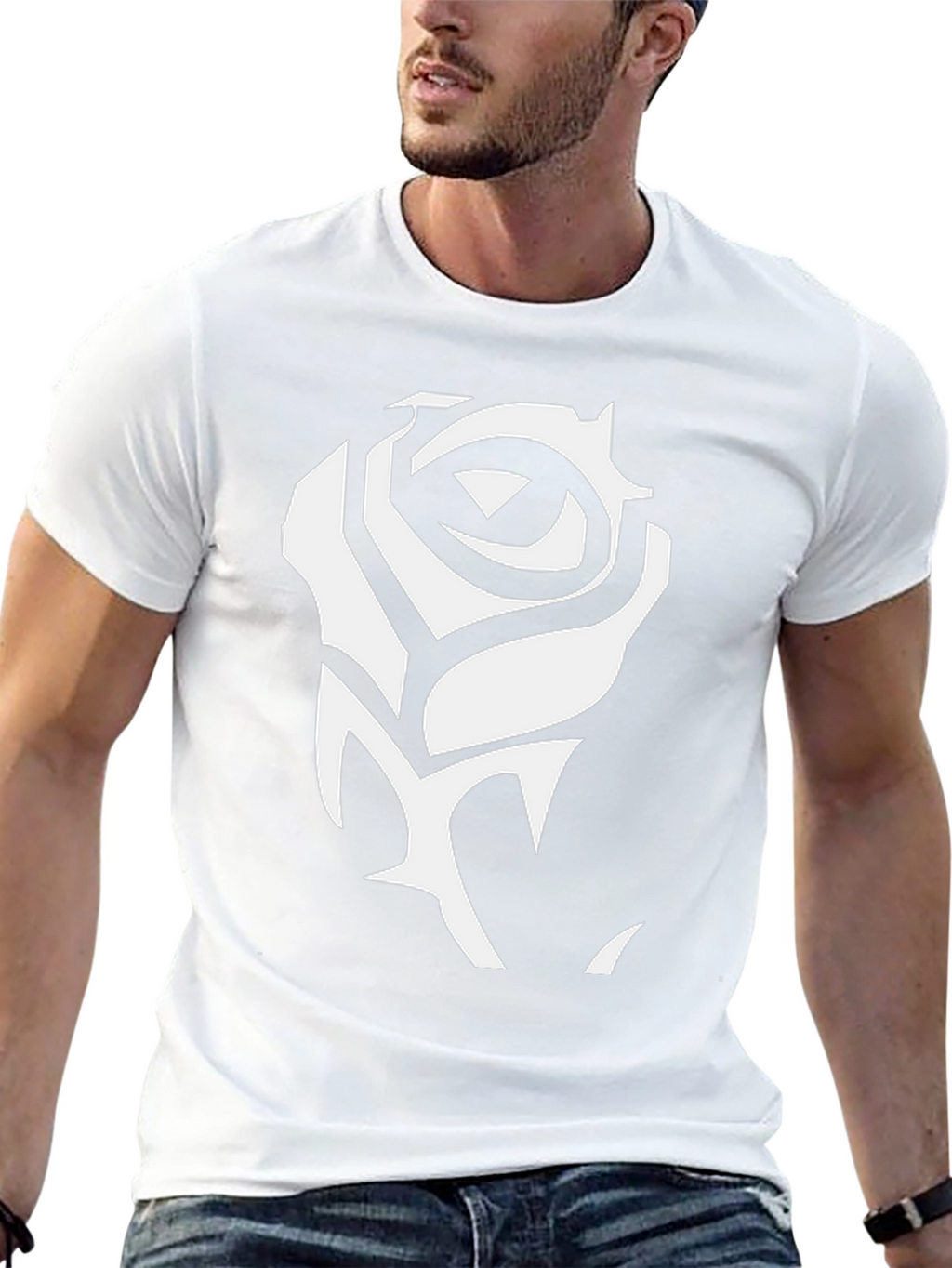 Black T-Shirt with White Rose Graphic
