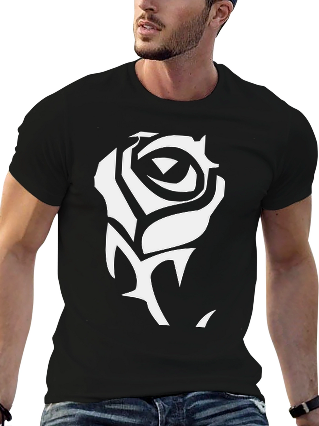 Black T-Shirt with White Rose Graphic