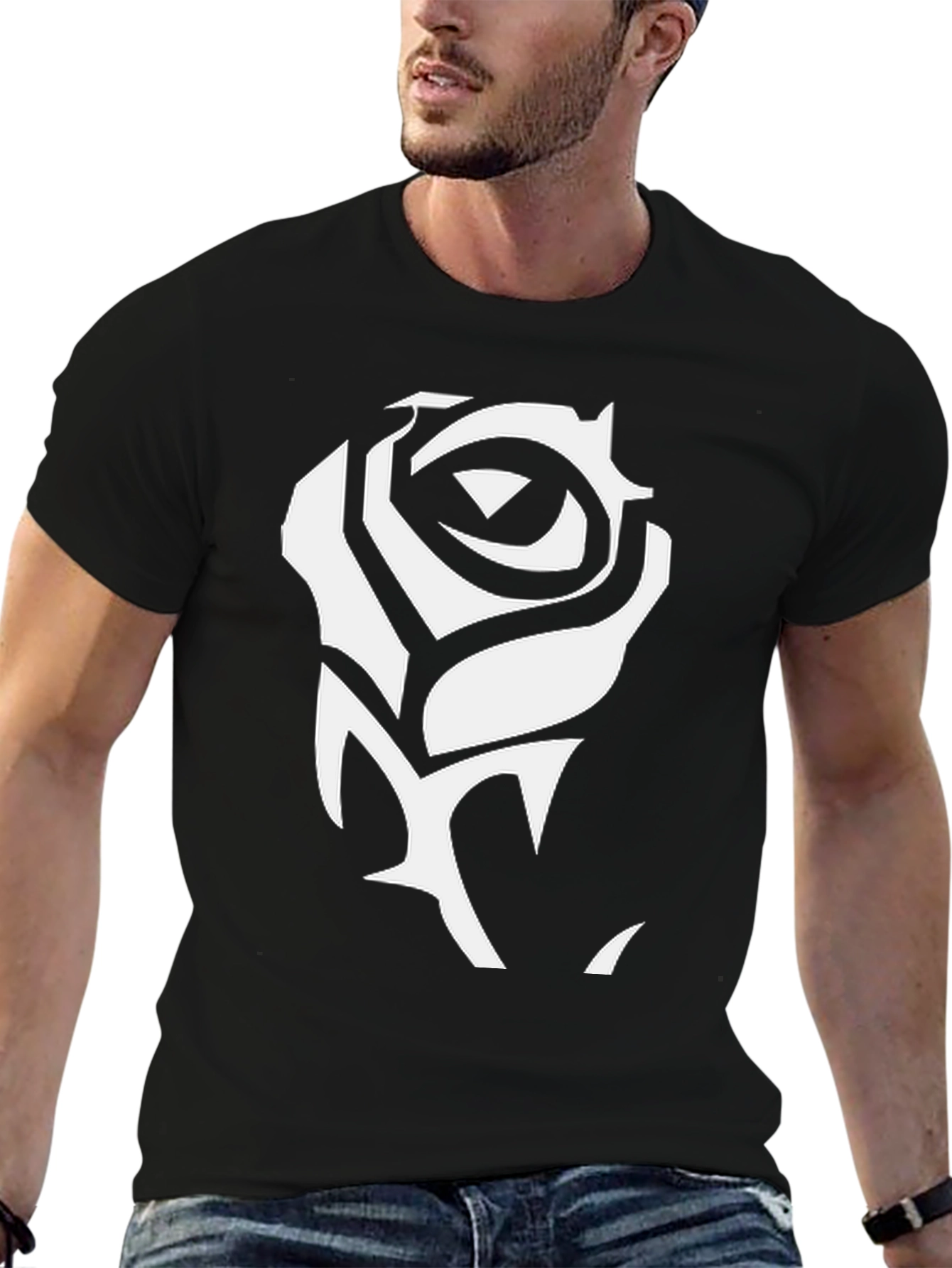 Black T-Shirt with White Rose Graphic
