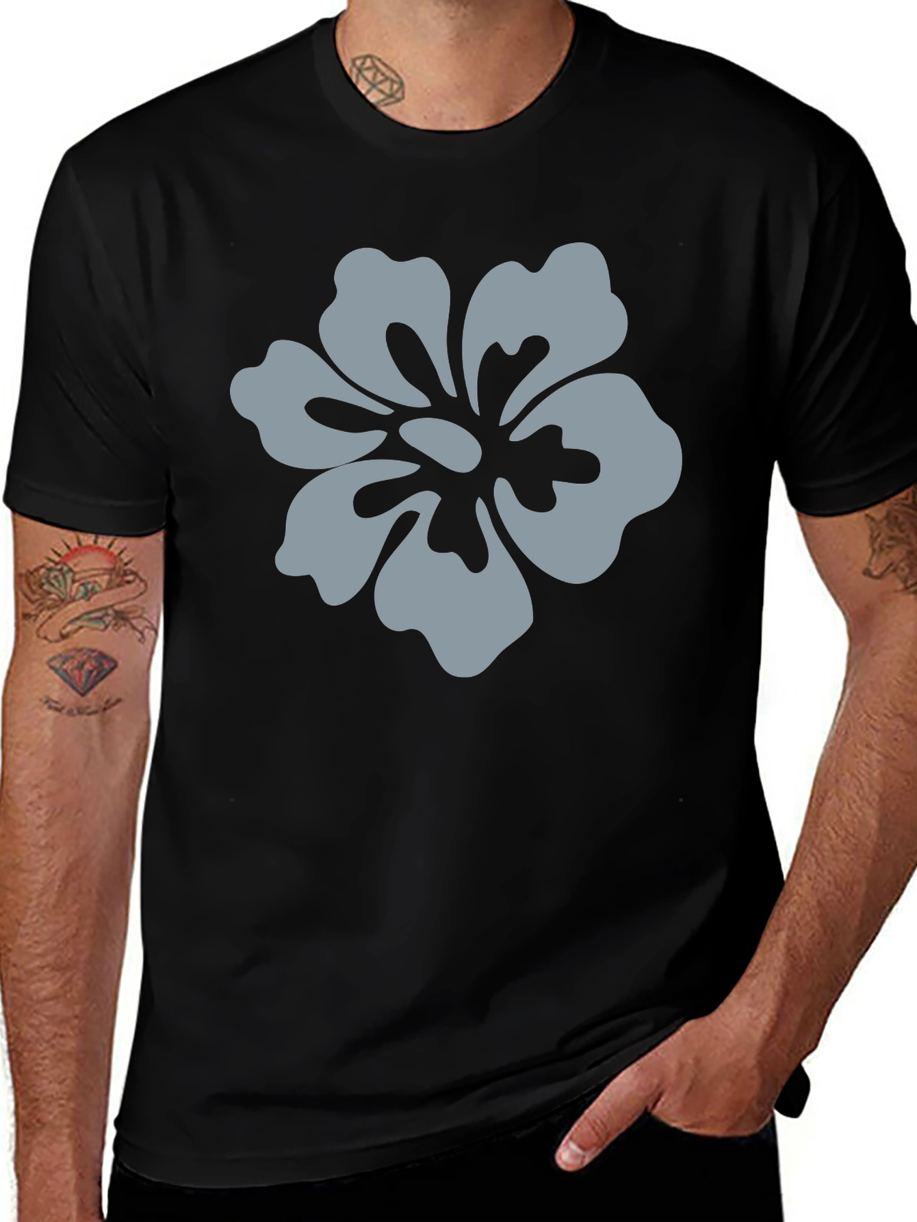 Mens Black T-Shirt with Grey Flower Graphic