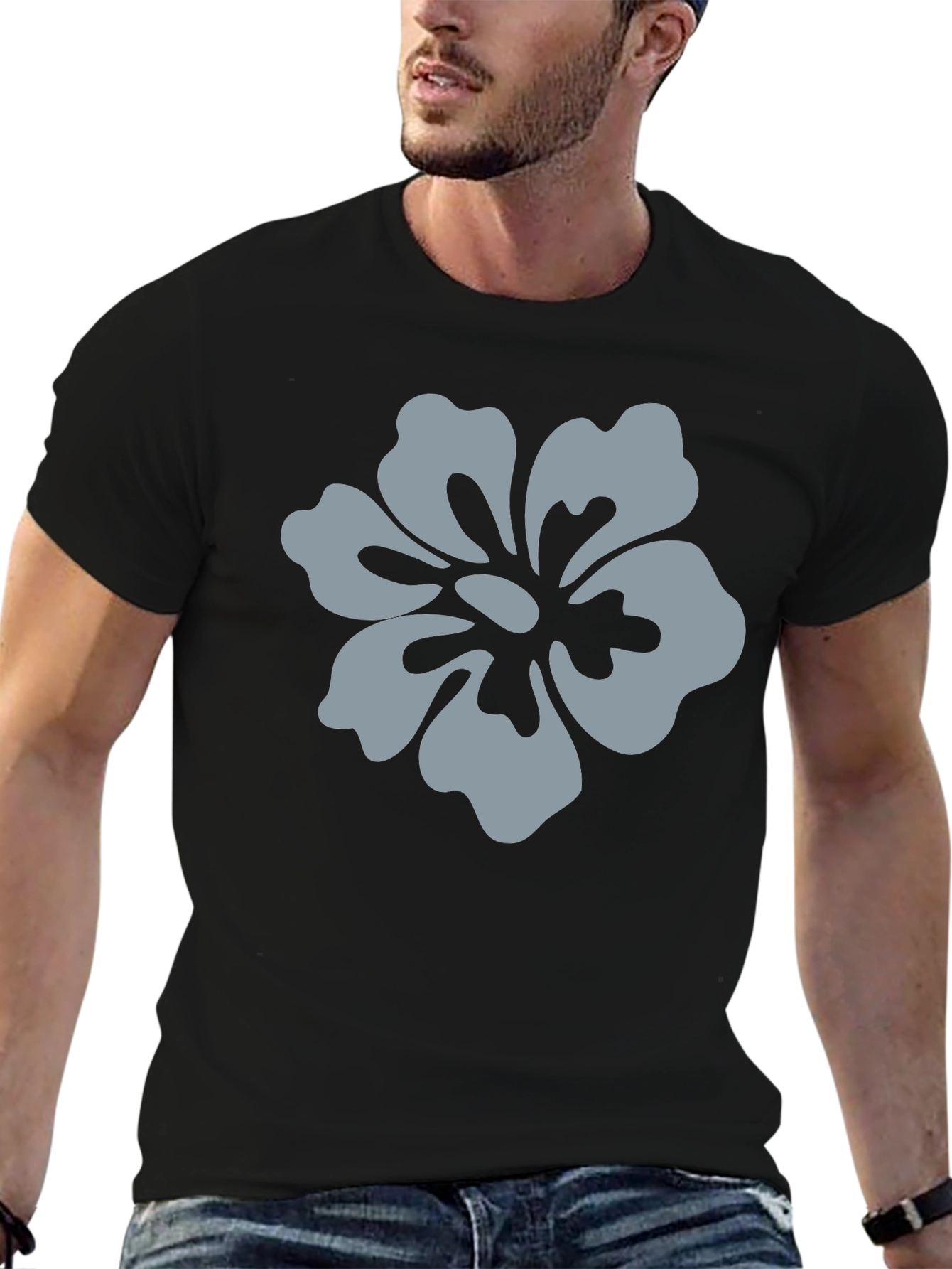 Mens Black T-Shirt with Grey Flower Graphic